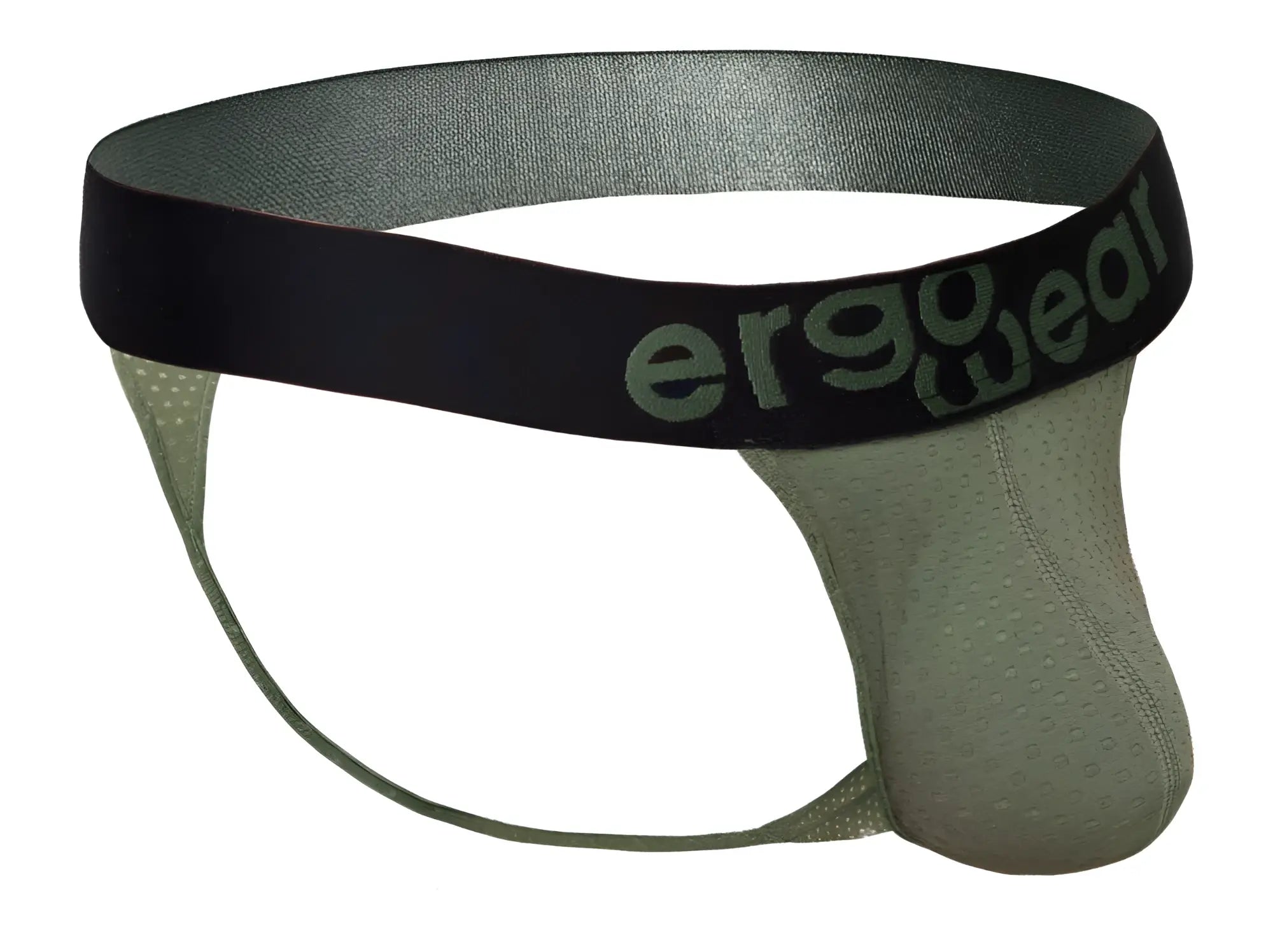 Olive green ergonomic g-string brief with black waistband and ergo wear branding in the back view