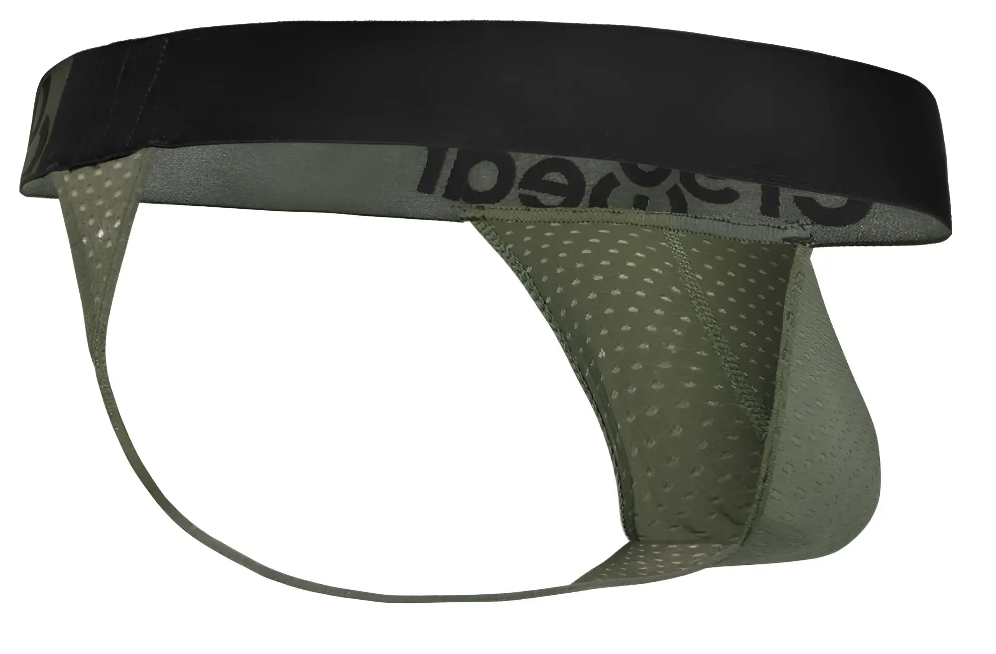 Olive green mesh ergoWear ew1785 max flow g-string with black elastic waistband and cheetah branding