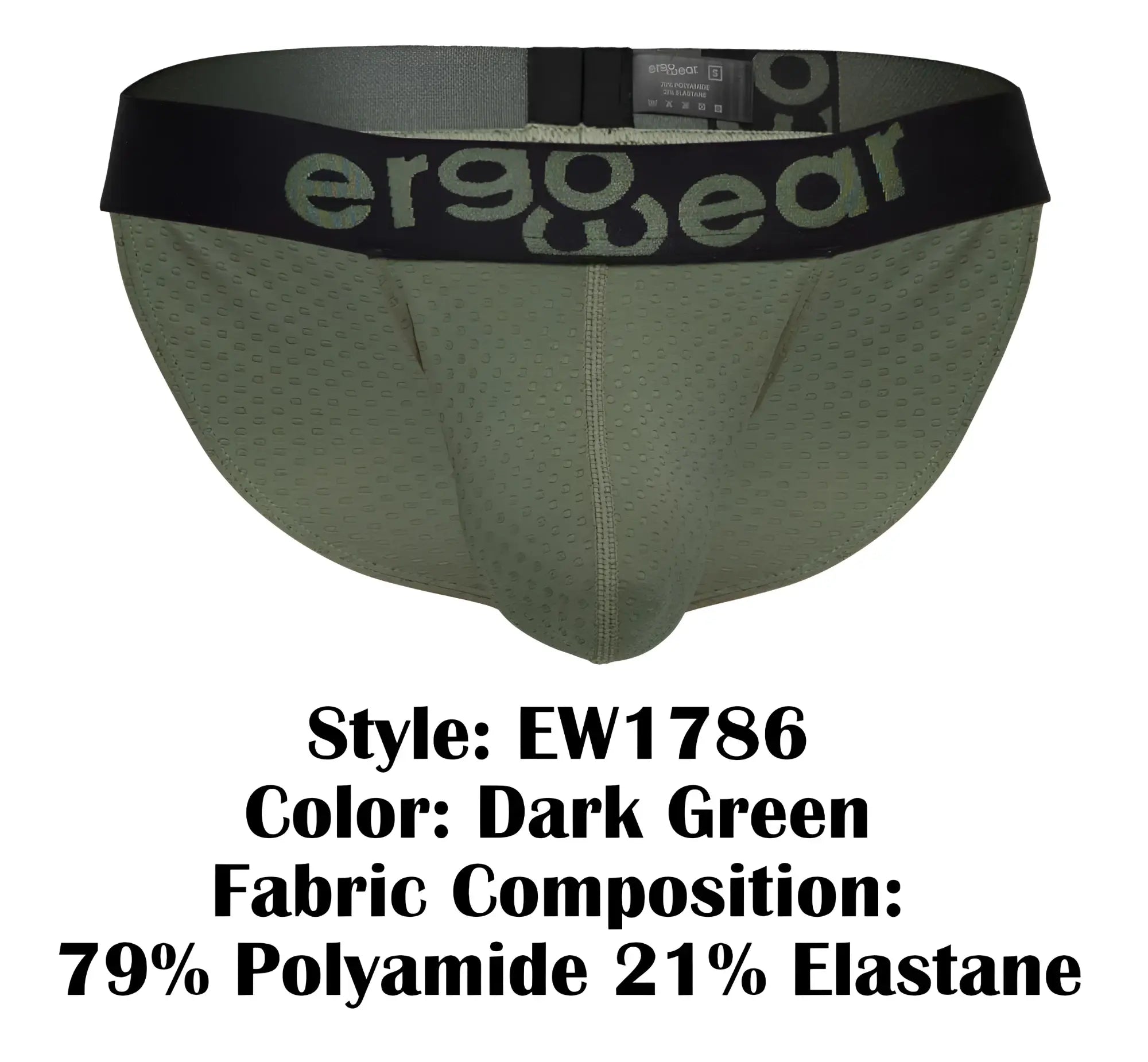 Dark green ergonomic briefs with black waistband featuring ergo wear logo in gray for comfortable daily wear