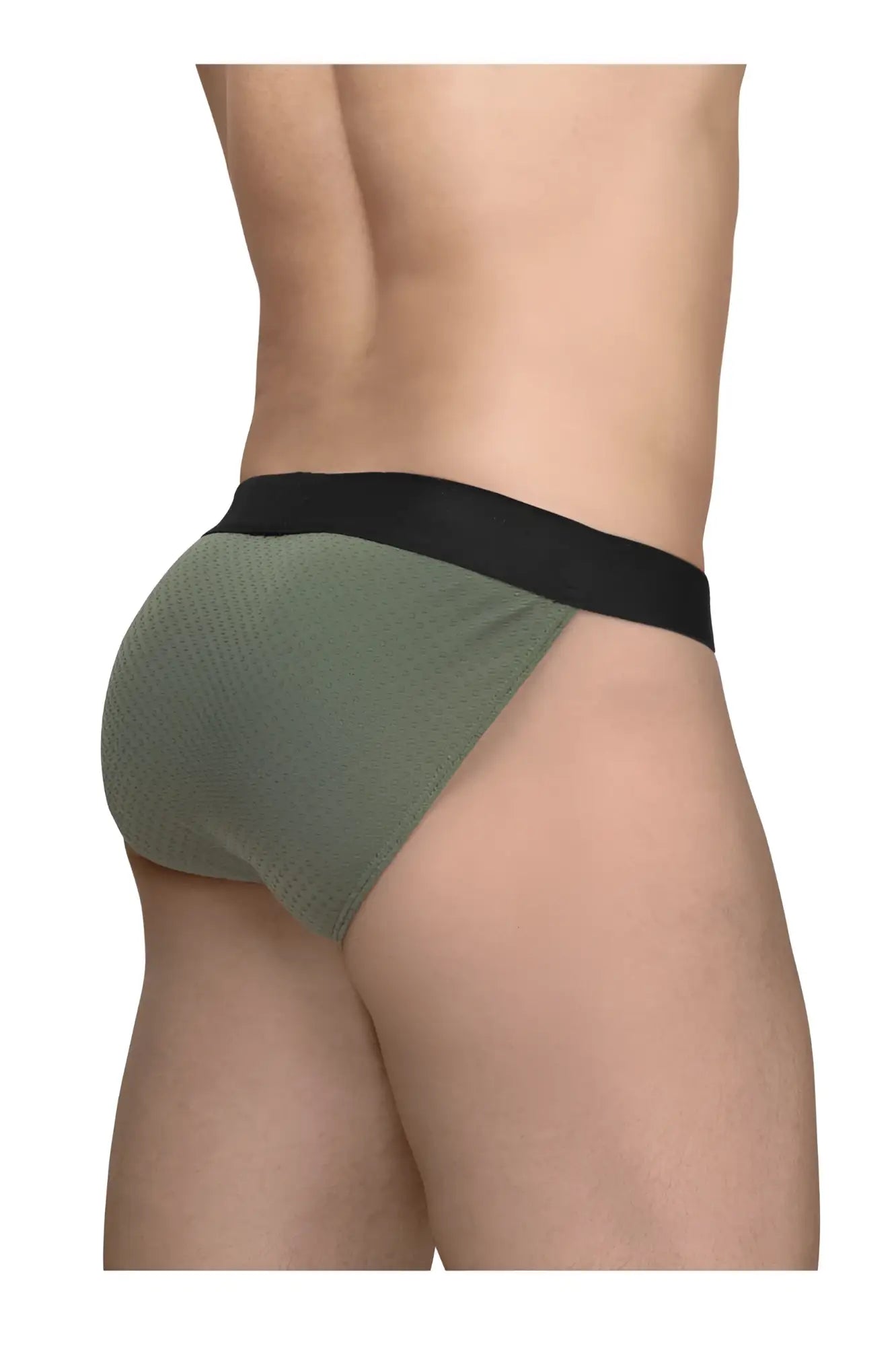Olive green textured briefs with black elastic waistband in ergowear ew1786 max flow bikini color dark green