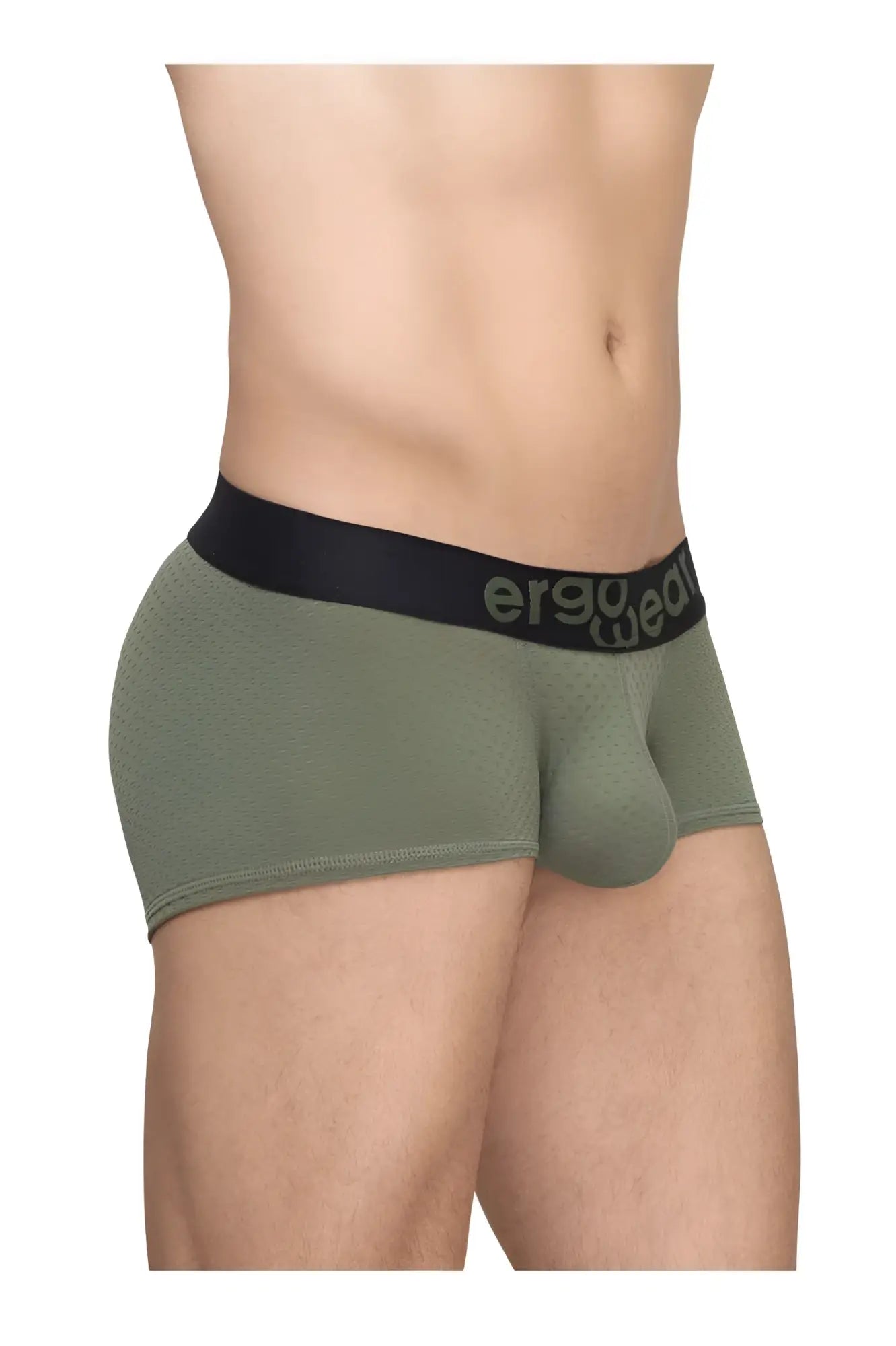 Olive green ergonomic briefs with black waistband and ergo wear logo designed for max flow comfort and support
