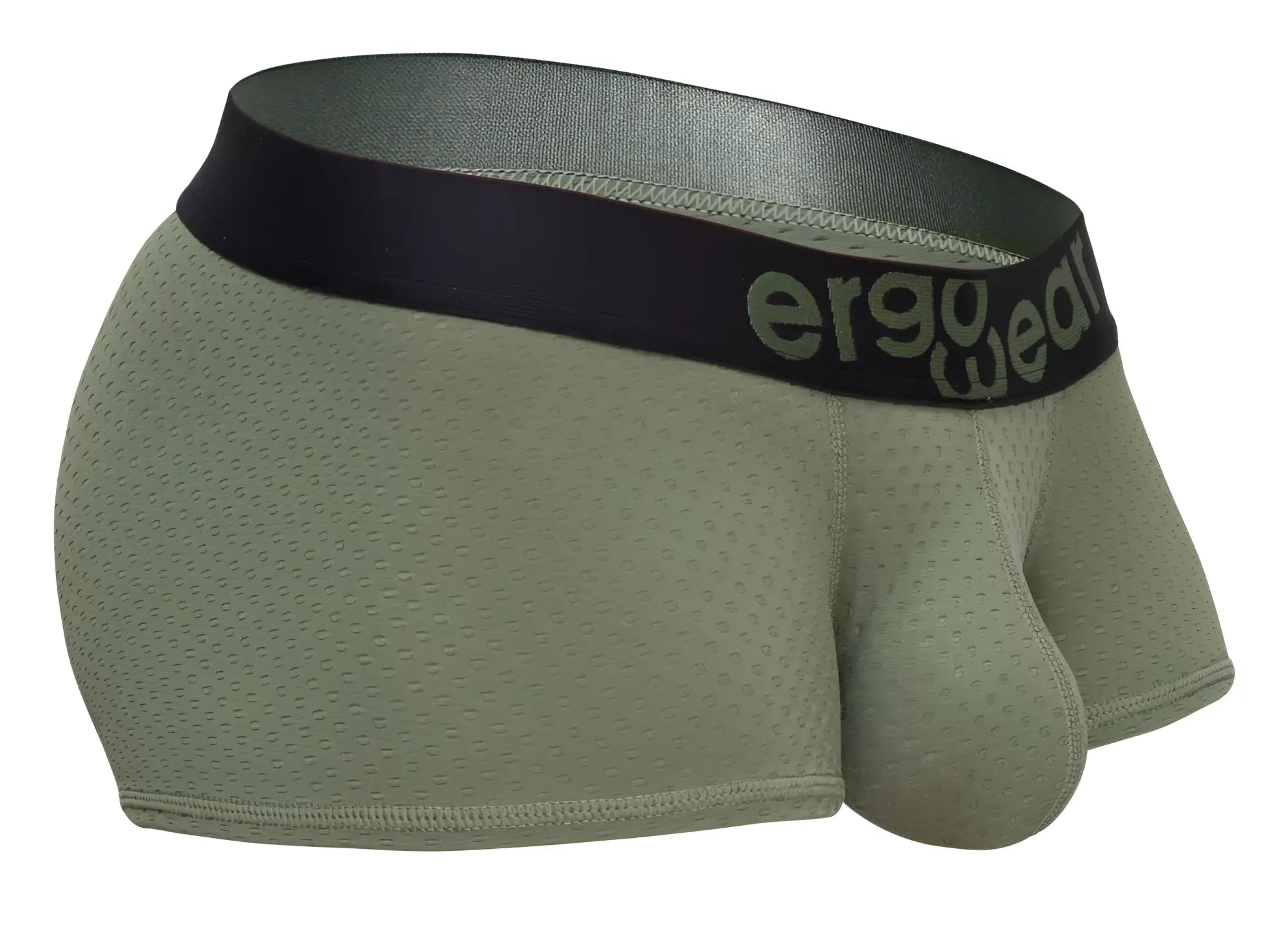Olive green mesh ergo wear ew1787 max flow trunks with black elastic waistband and logo front view
