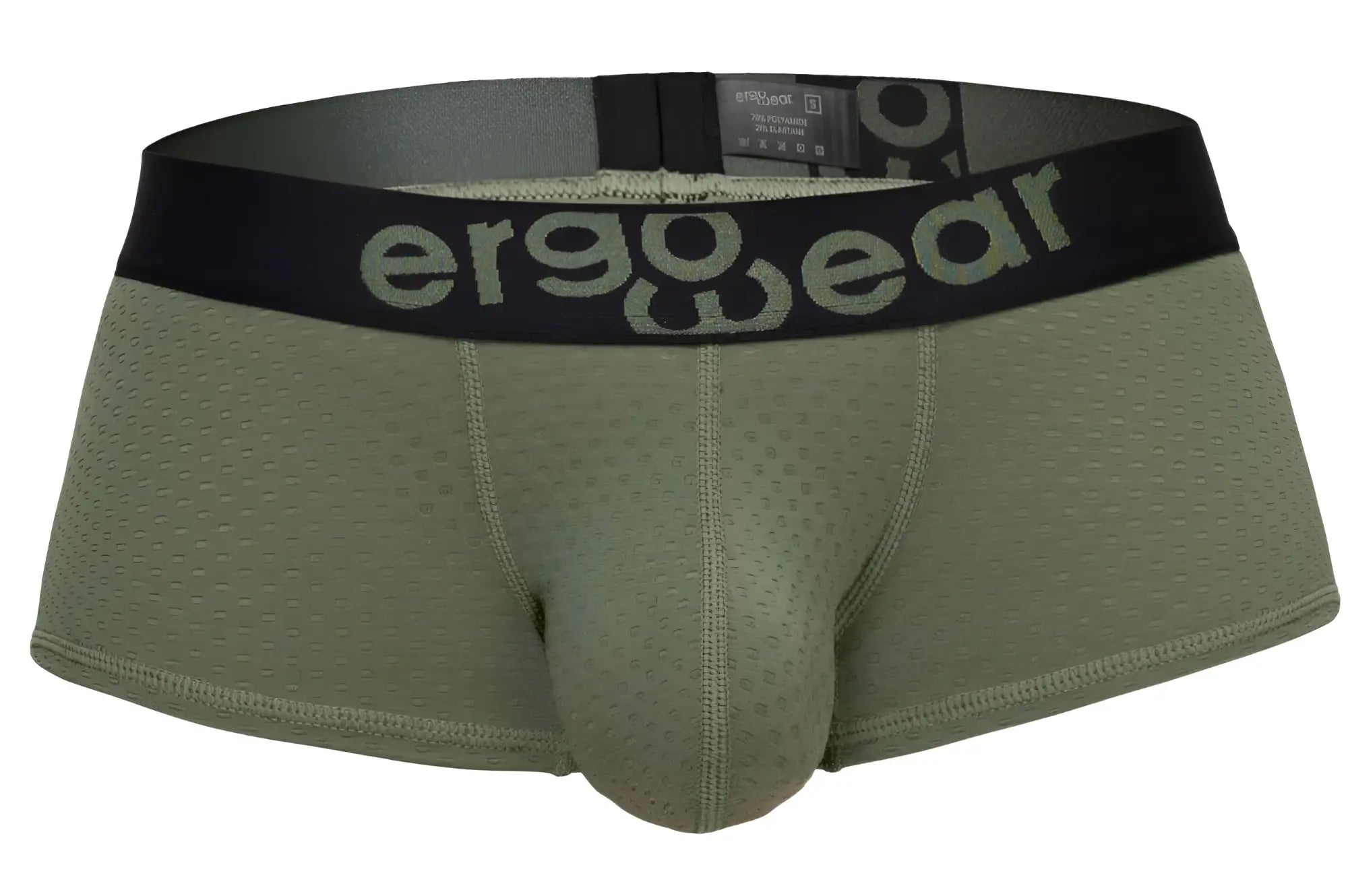 Olive green mesh ergo wear ew1787 max flow trunks with black waistband and gray logo front view