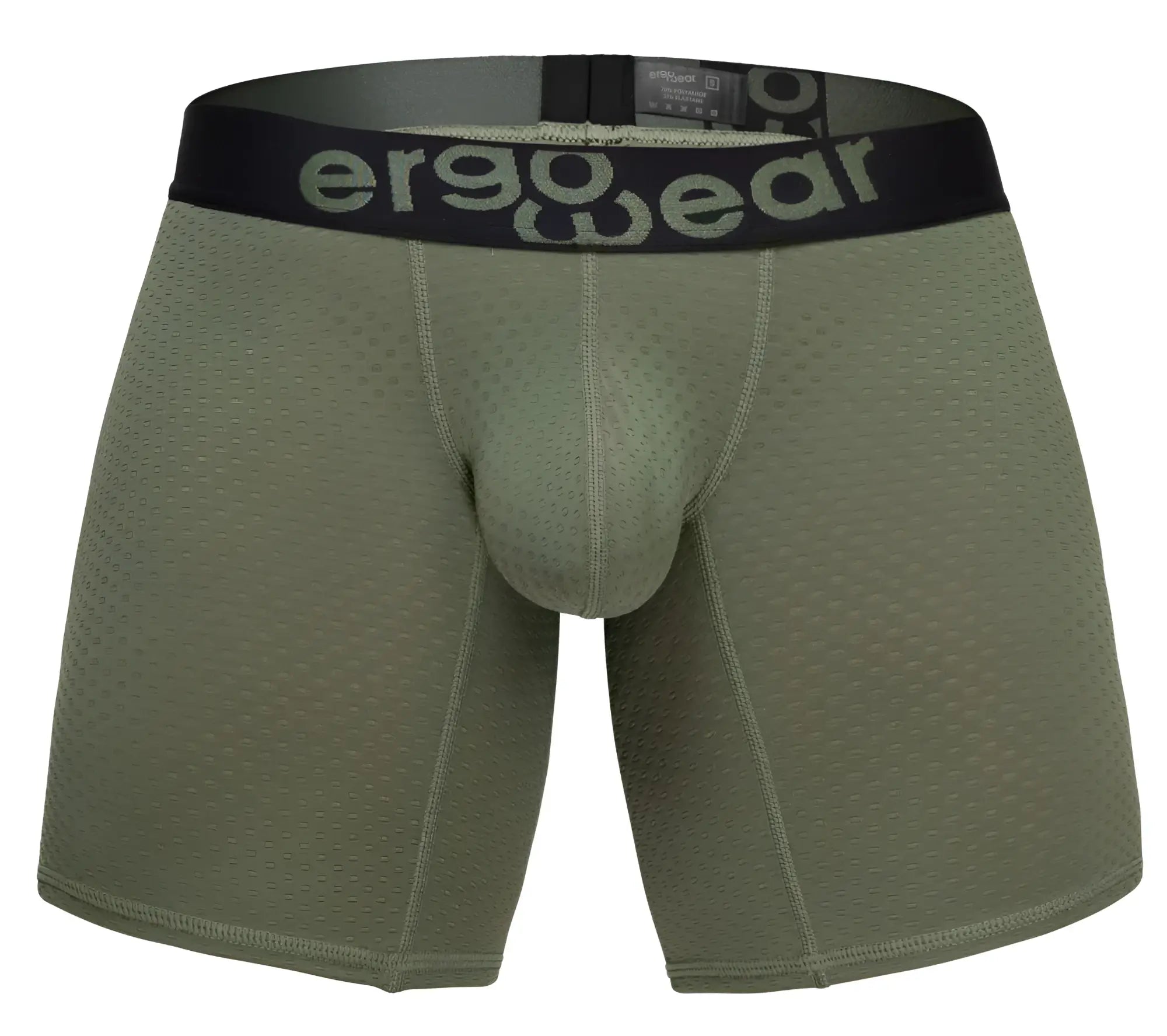 Olive green ergonomic boxer briefs with black ergo wear waistband for maximum comfort and breathability