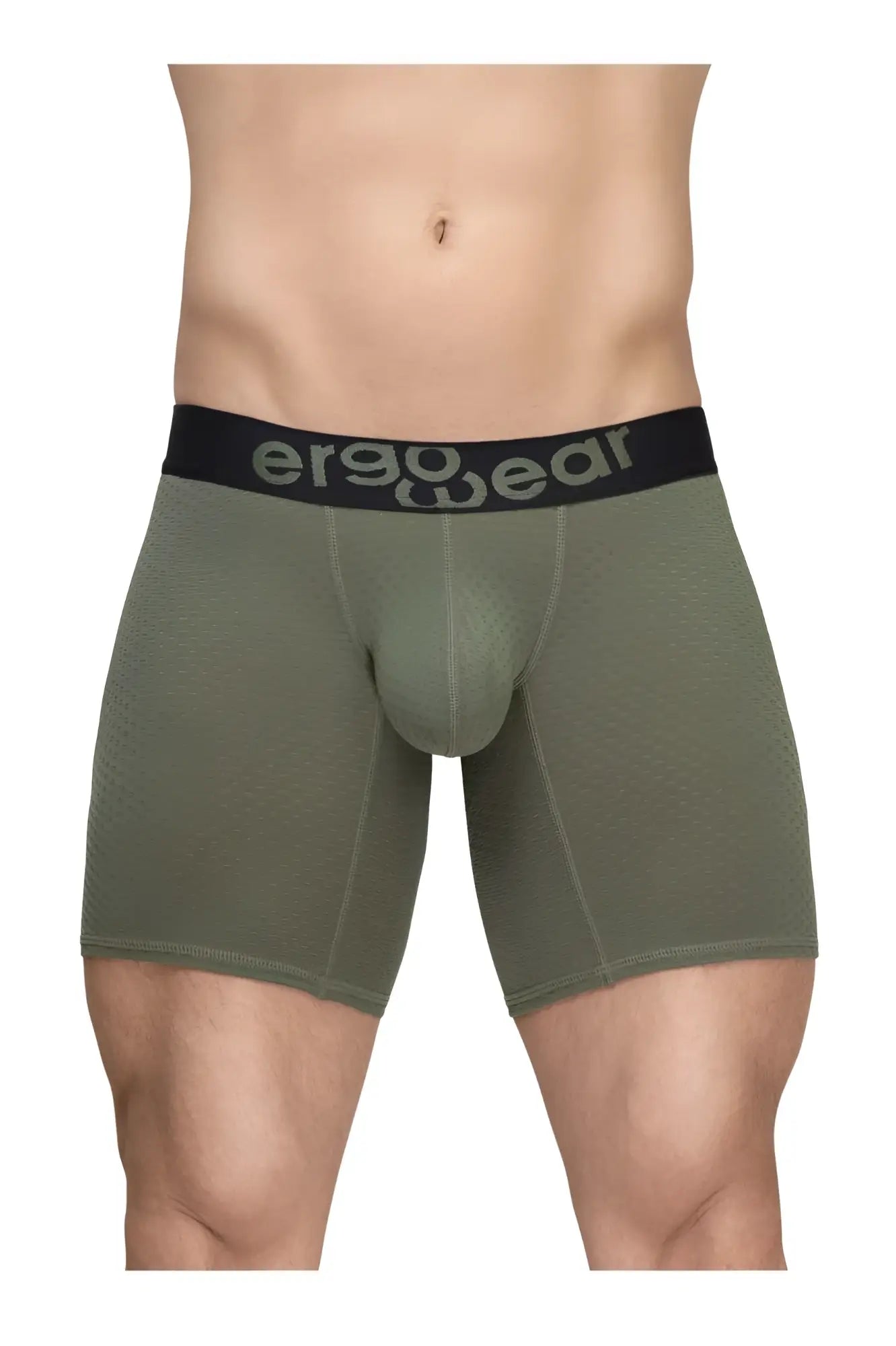 Olive green ergonomic boxer briefs with black ergowear waistband designed for comfort and support