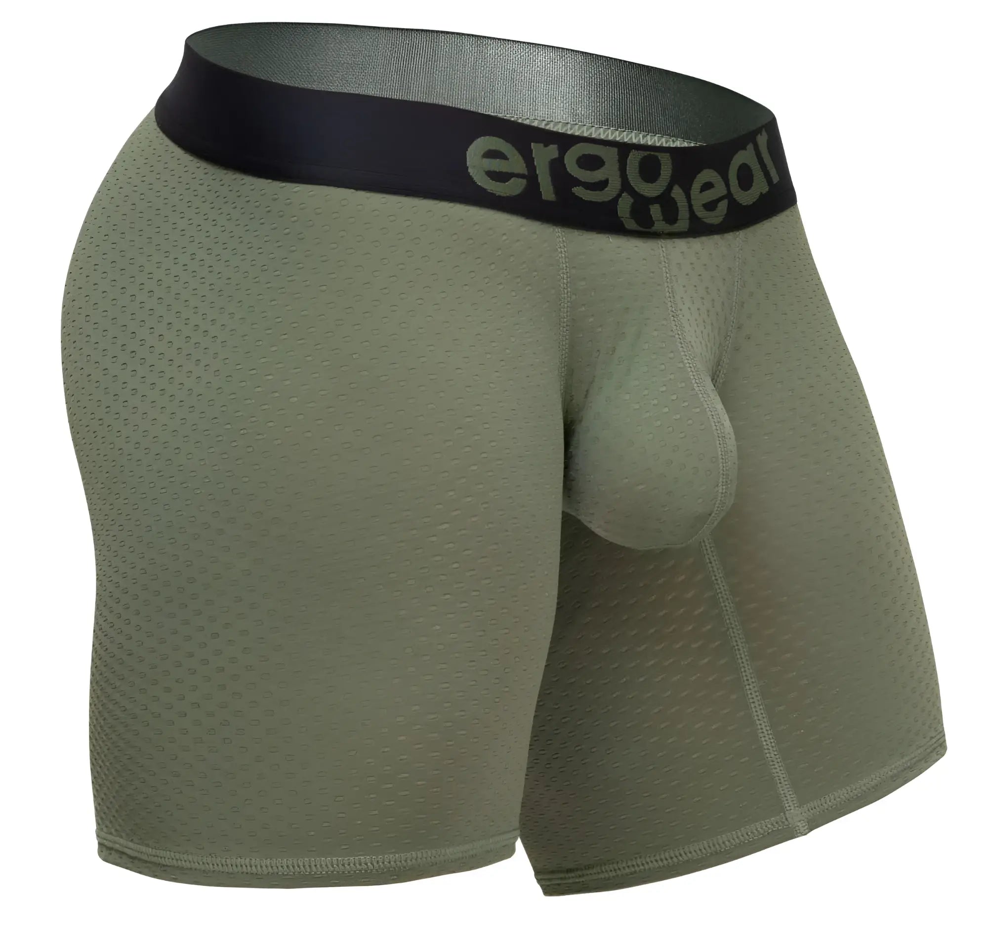 Olive green ergonomic boxer briefs with black ergowear logo waistband designed for maximum comfort and airflow