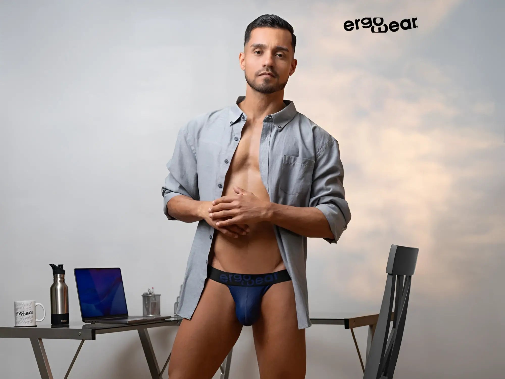 Navy blue ergonomic briefs with black elastic waistband and ergowear logo designed for comfort and maximum airflow