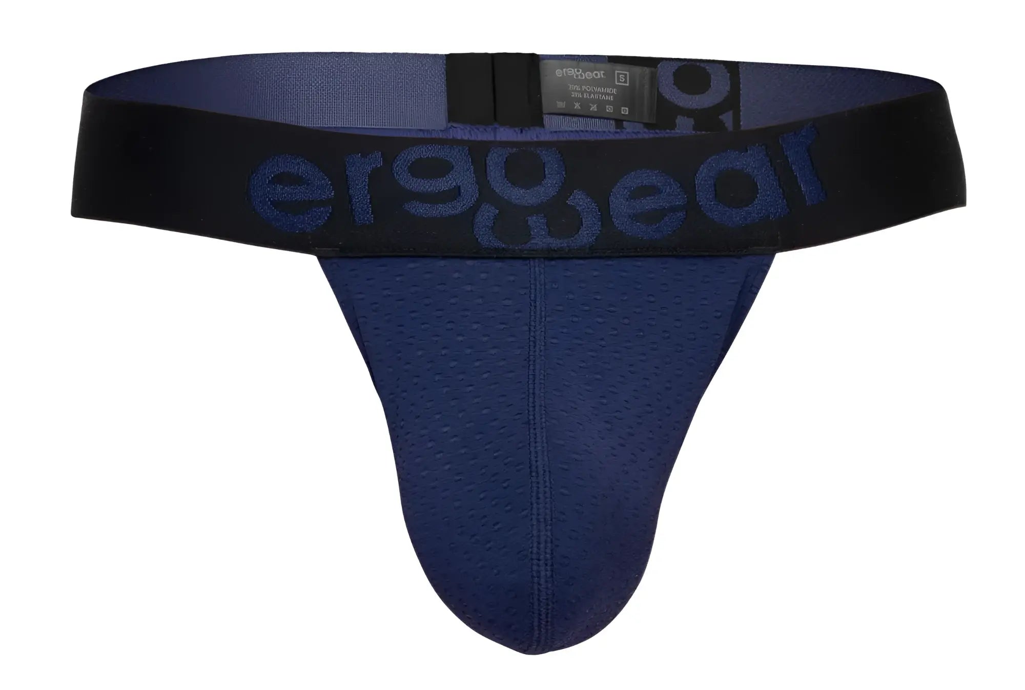 Navy blue ergonomic brief with black waistband and ergo wear logo in dark blue lettering front view in ew1789 max flow g-string