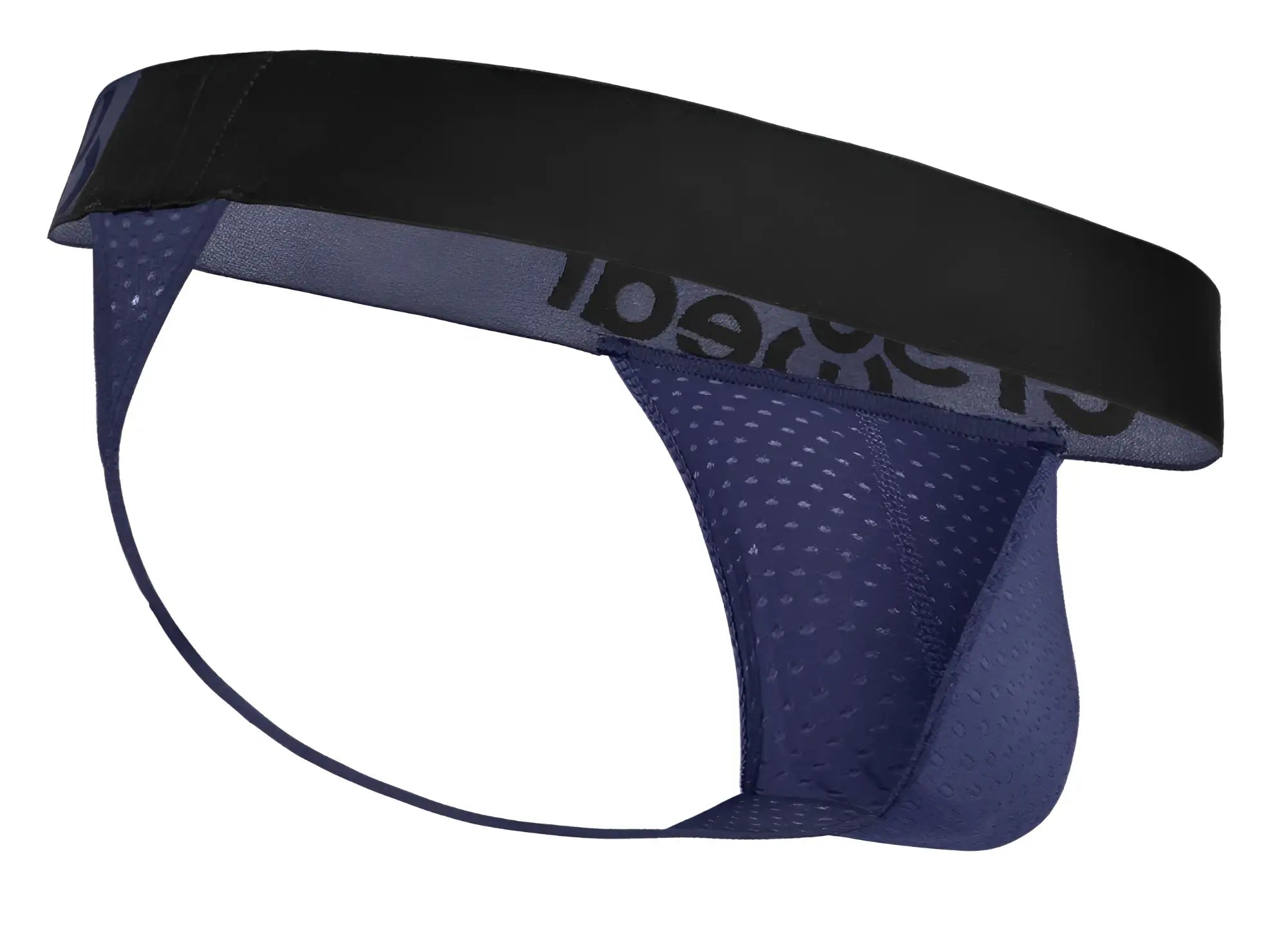 Navy blue mesh ErgoWear EW1789 MAX FLOW G-string with black elastic waistband and cheetah branding