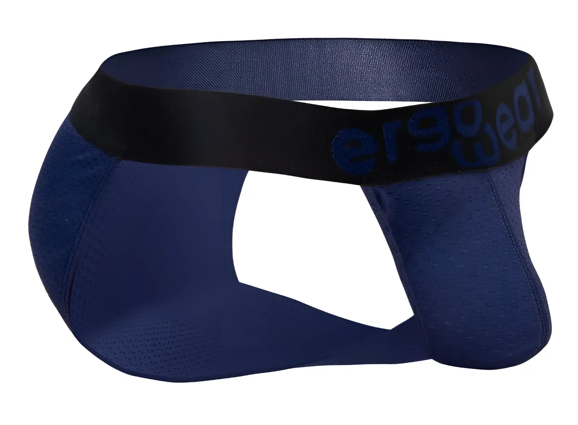 Navy blue ergo wear ew1790 max flow bikini with ergonomic design and black elastic waistband in dark blue lettering