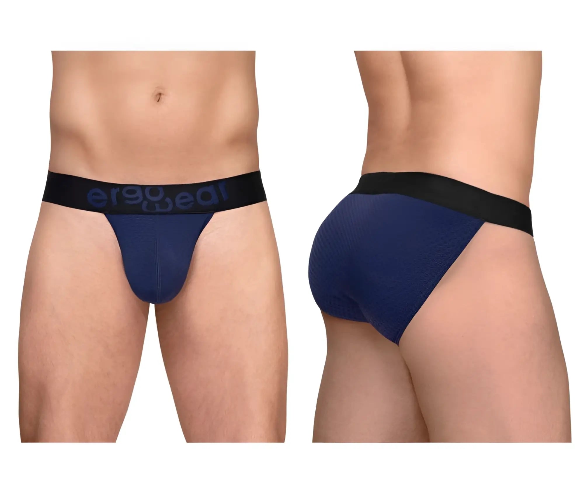 Navy blue ergonomic briefs with black waistband featuring ergo real logo from ergowear ew1790 max flow bikini line