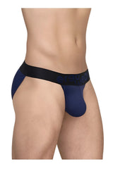 Navy blue ergo wear ew1790 max flow bikini briefs with black waistband and erased branding in light gray lettering