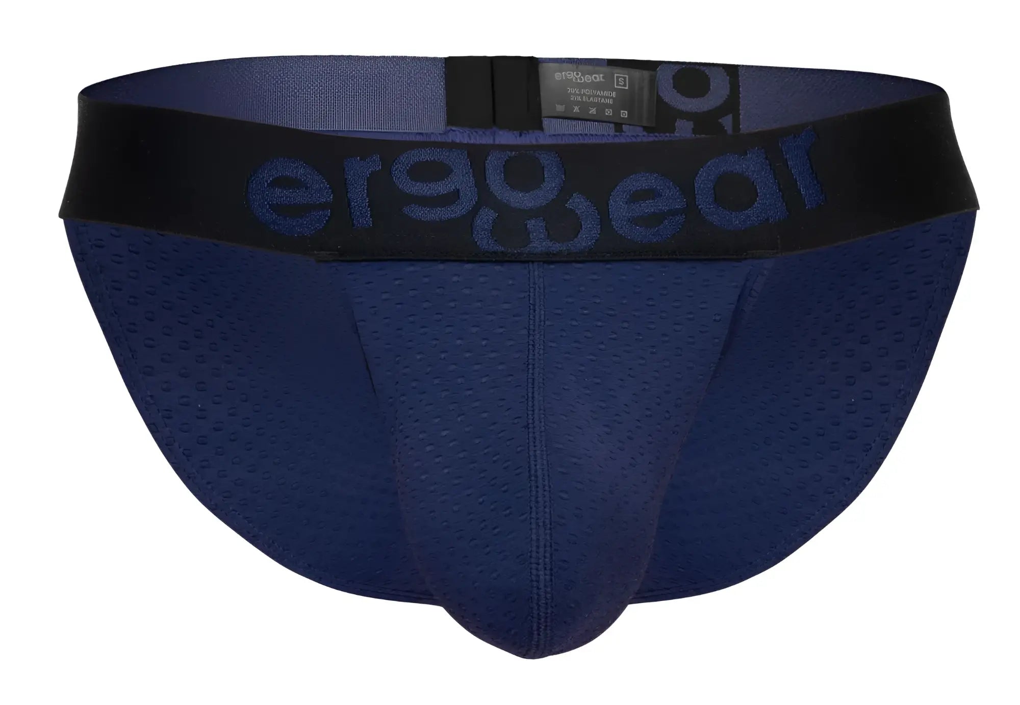 Navy blue perforated mesh ErgoWear EW1790 MAX FLOW bikini briefs with black elastic waistband and logo branding