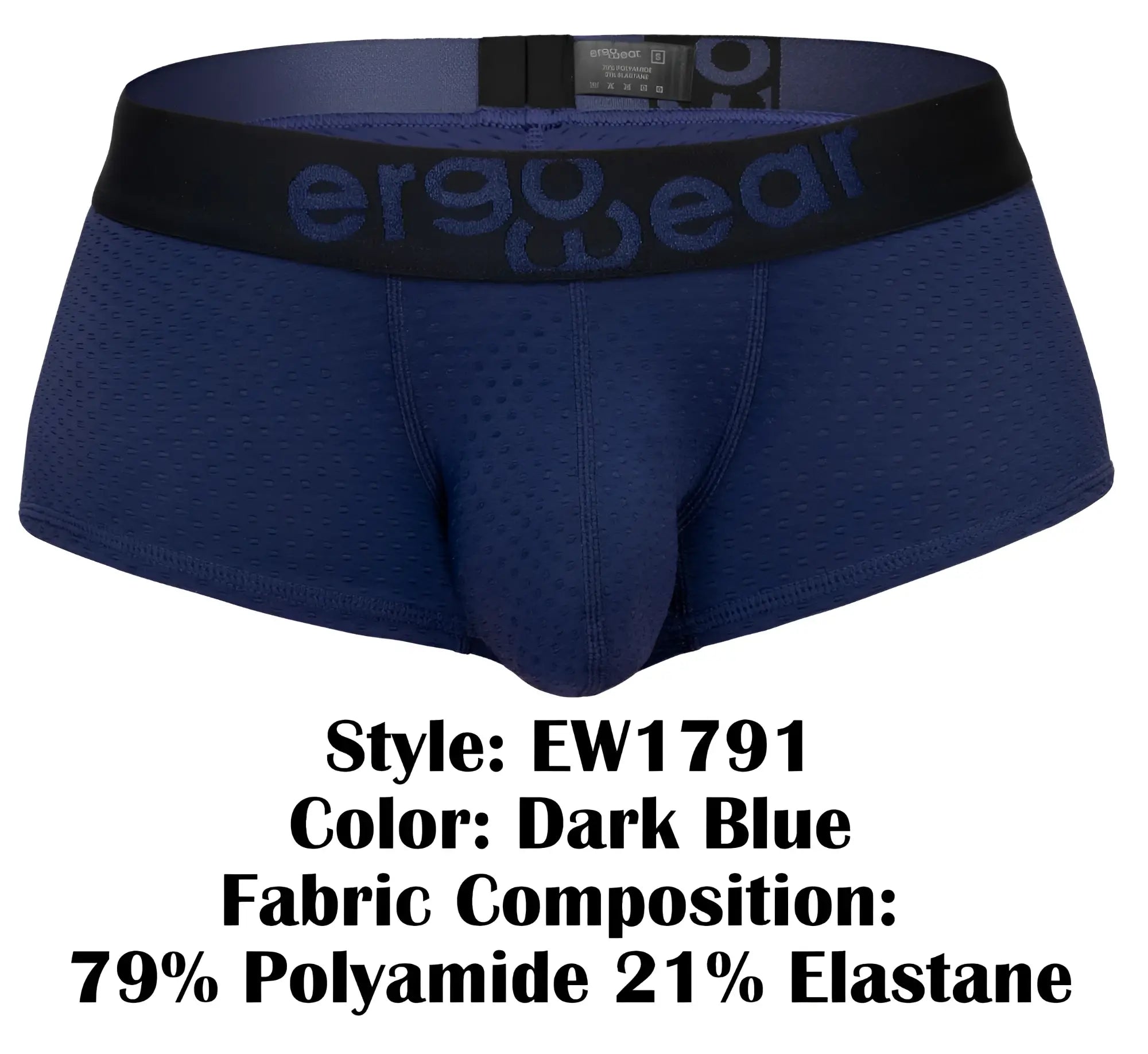 Dark blue ergonomic briefs with black waistband featuring ergo wear logo in dark blue from ergowear ew1791 max flow trunks