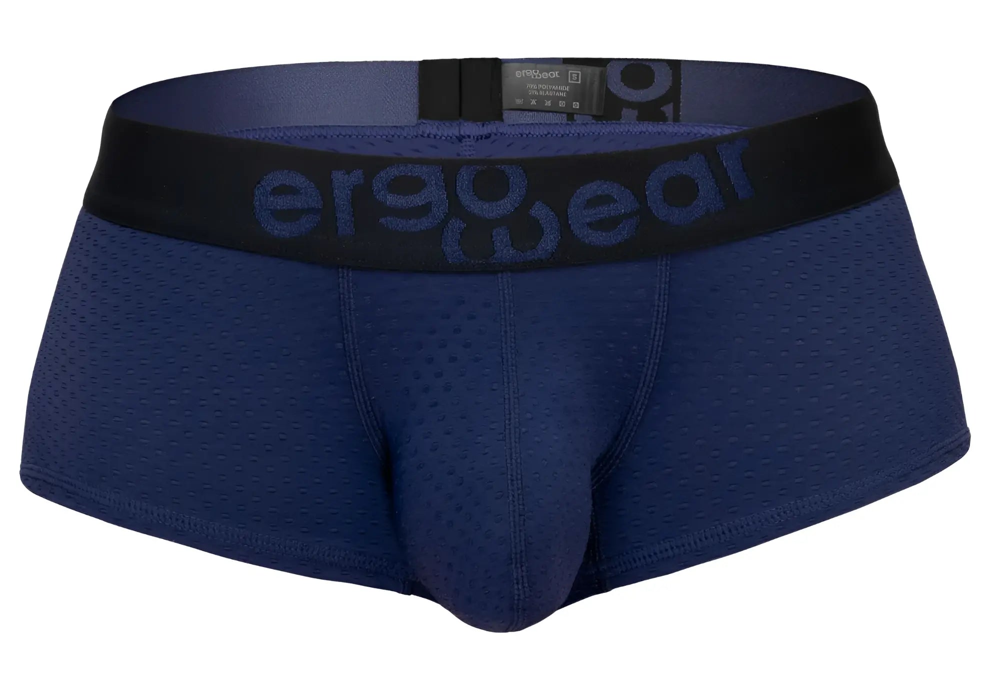 Navy blue ergonomic briefs with black waistband featuring ergo wear logo in dark blue for comfortable support