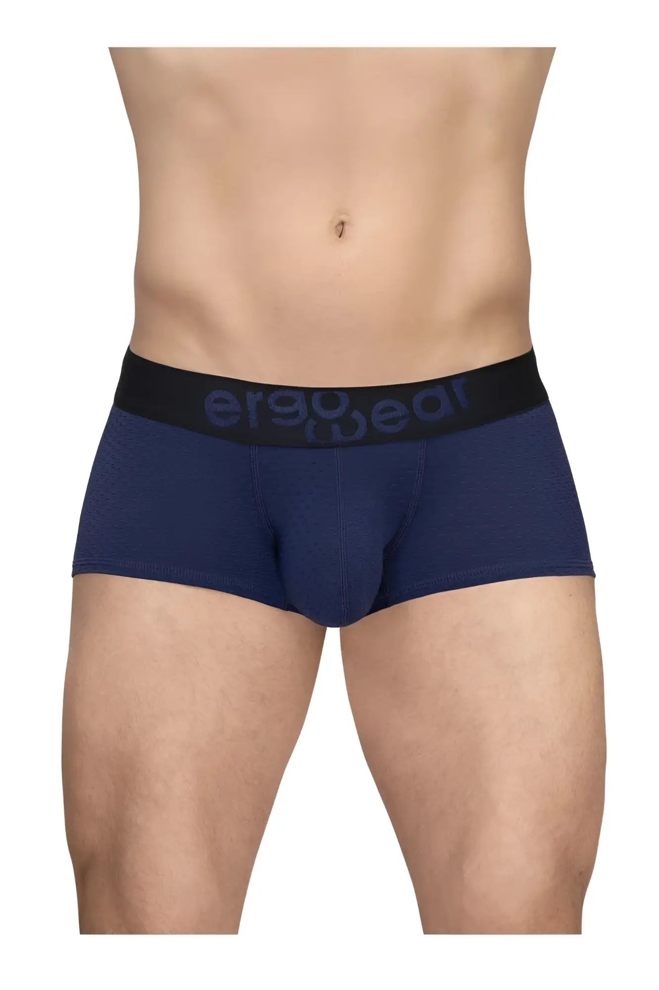 Navy blue ergonomic briefs with black waistband and ergo wear branding from ergowear ew1791 max flow trunks line