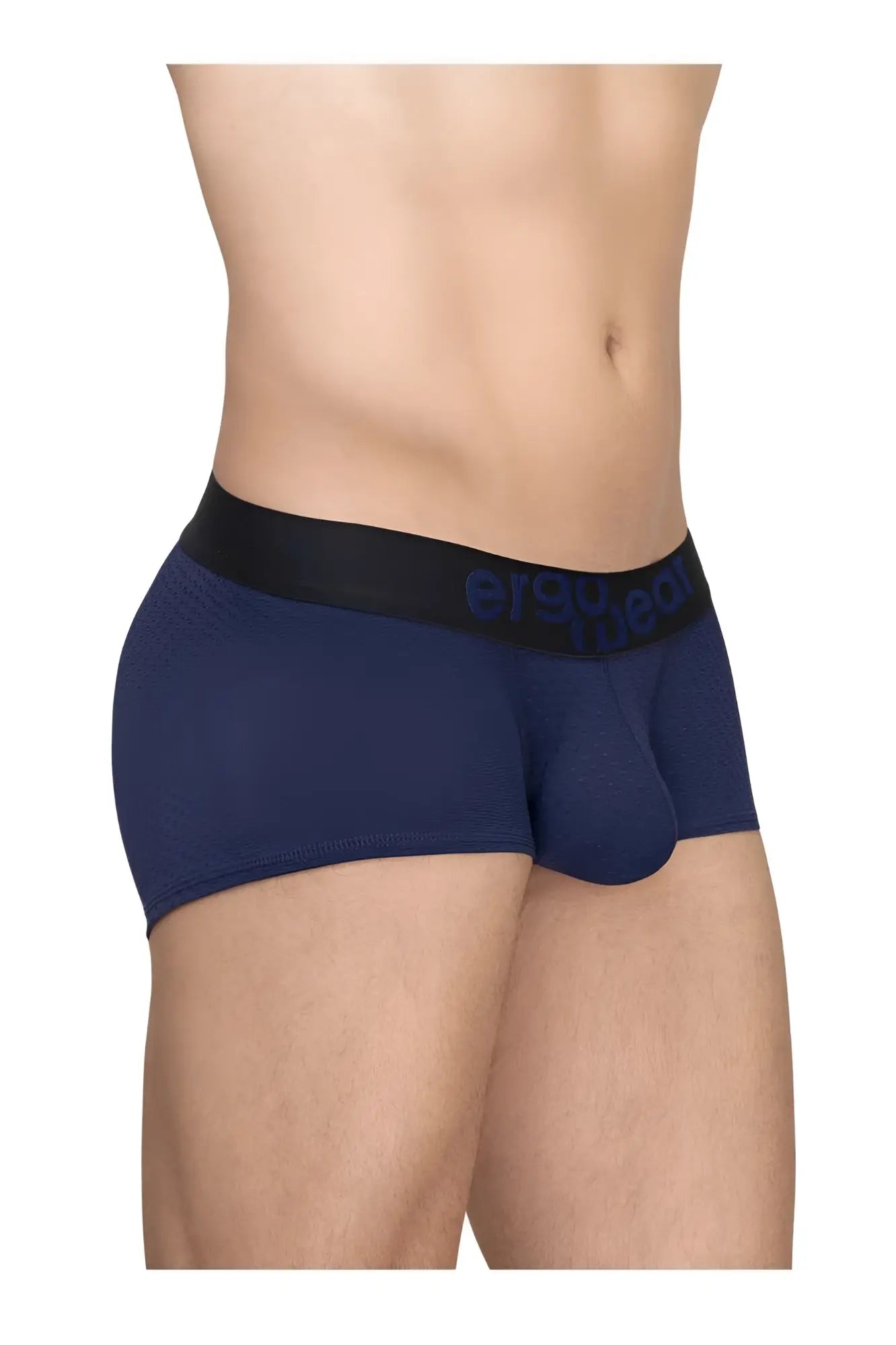 Navy blue textured ergoWear ew1791 max flow trunks with black elastic waistband and ersquad logo in dark gray lettering