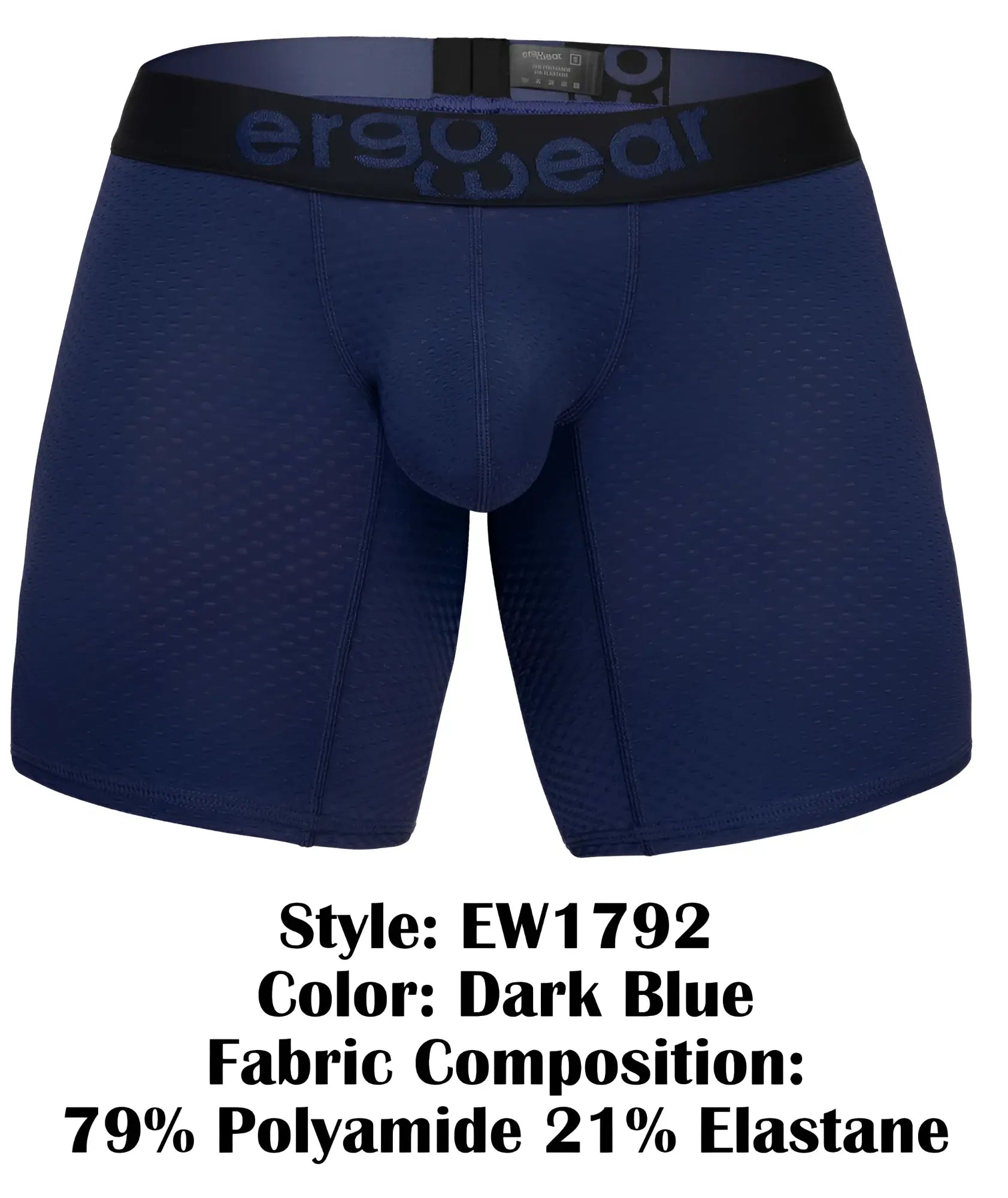 Dark blue ergonomic boxer briefs with black ergo wear waistband designed for maximum comfort and airflow