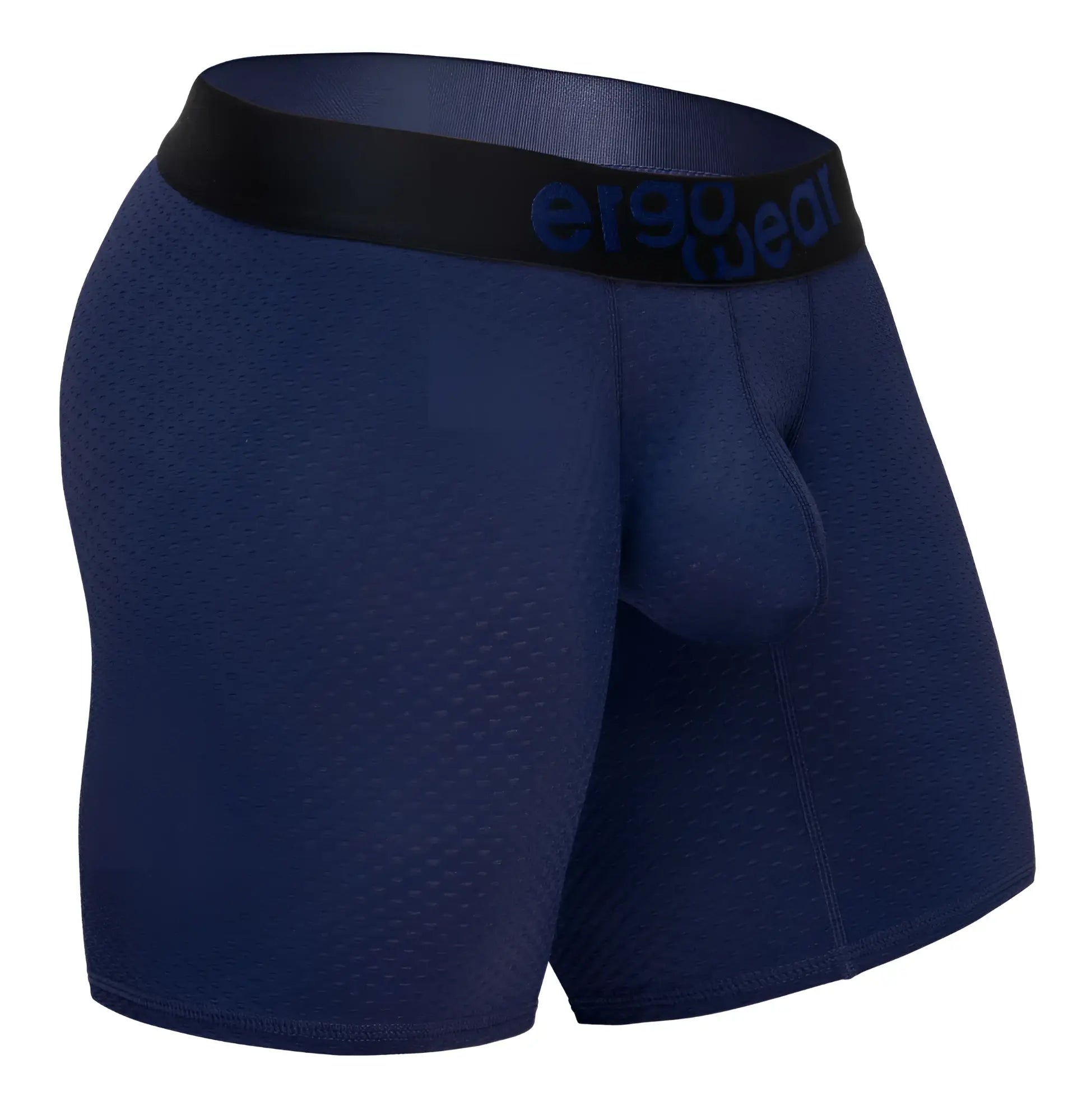 Navy blue ergonomic boxer briefs with black ergo gear waistband designed for maximum flow and comfort