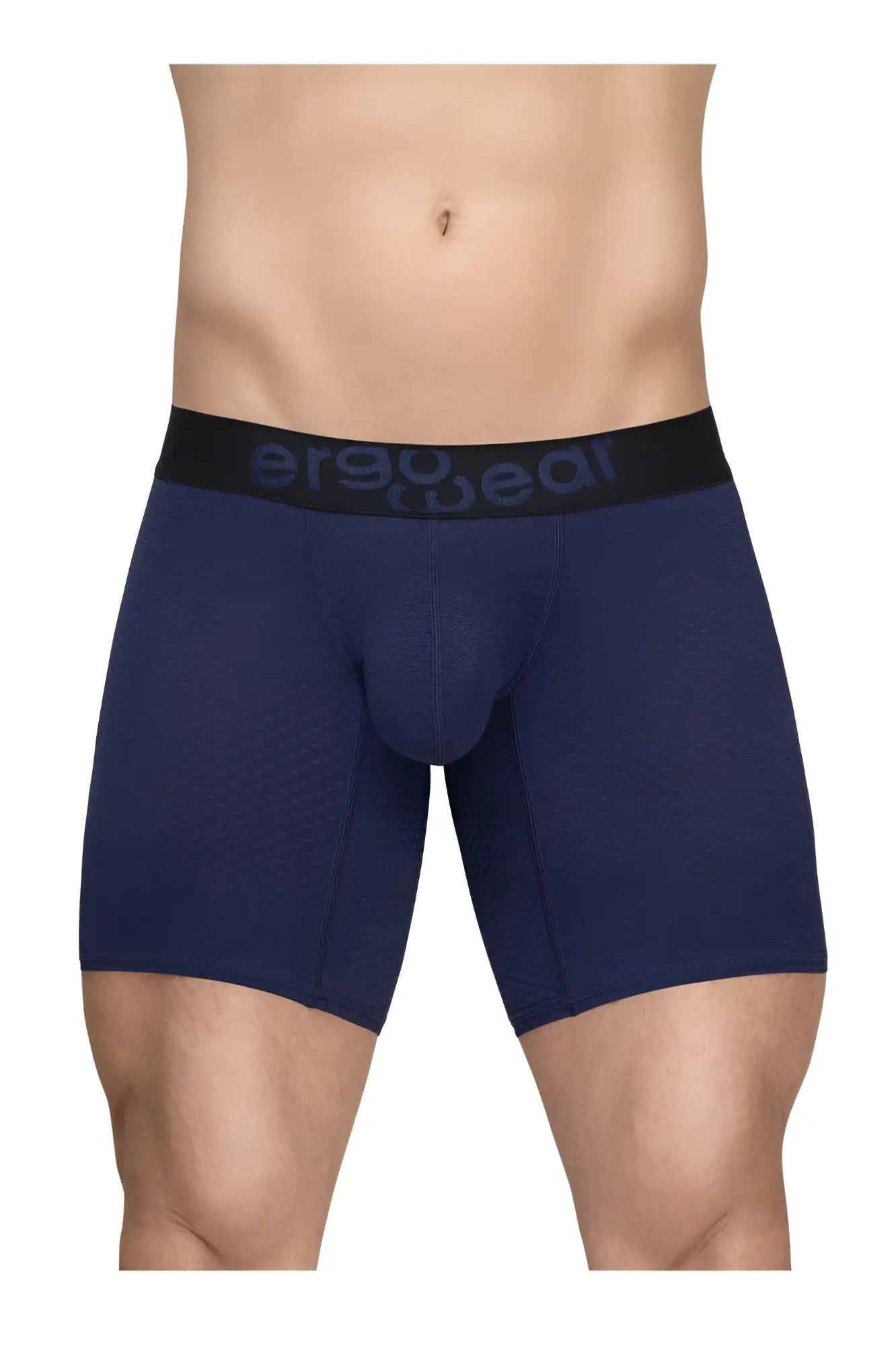 Navy blue ergo wear ew1792 max flow ergonomic boxer briefs with black waistband and gray logo for comfortable wear
