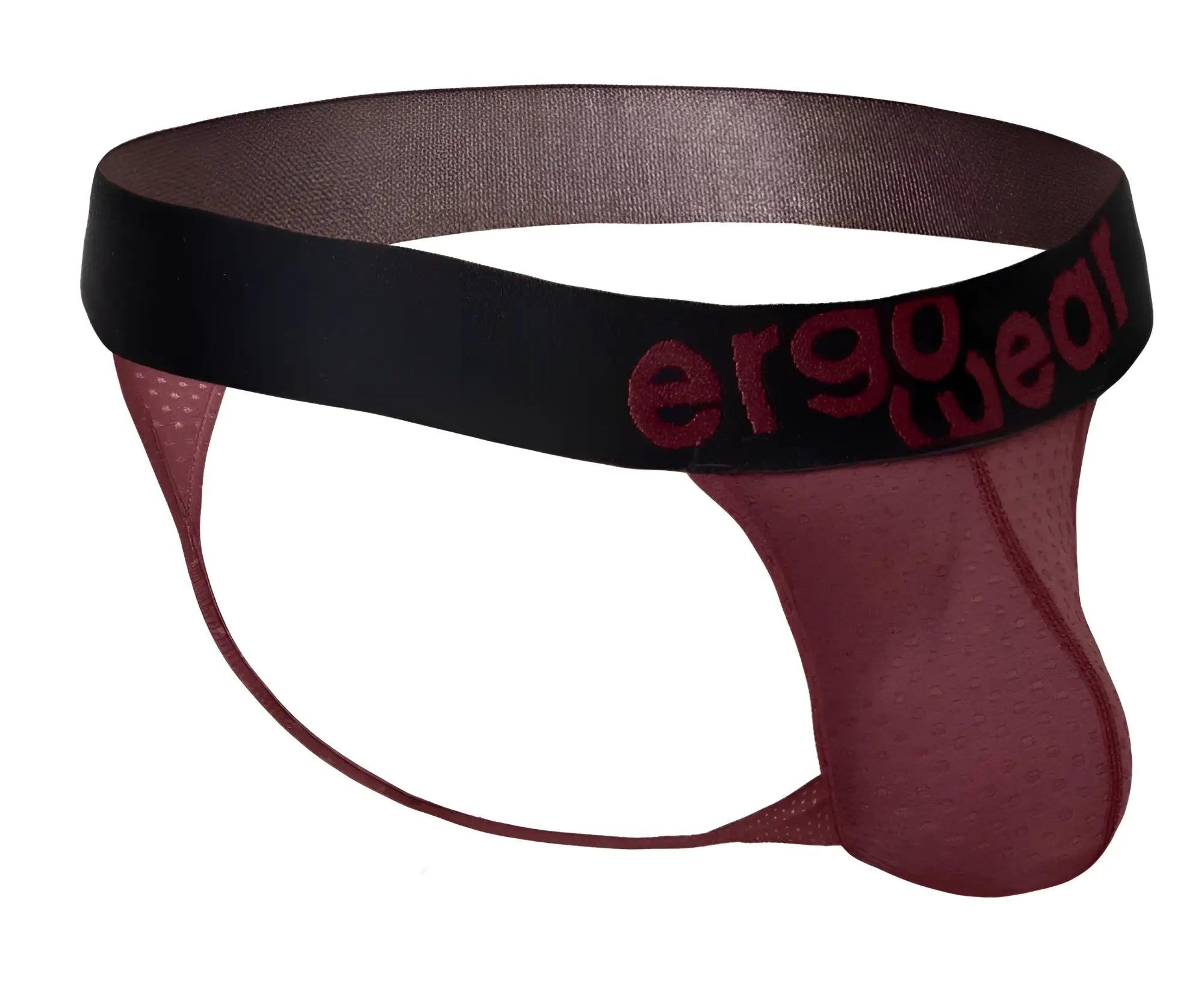 Maroon mesh briefs with black elastic waistband featuring ergo wear logo in red from ergo wear ew1793 max flow g-string burgundy