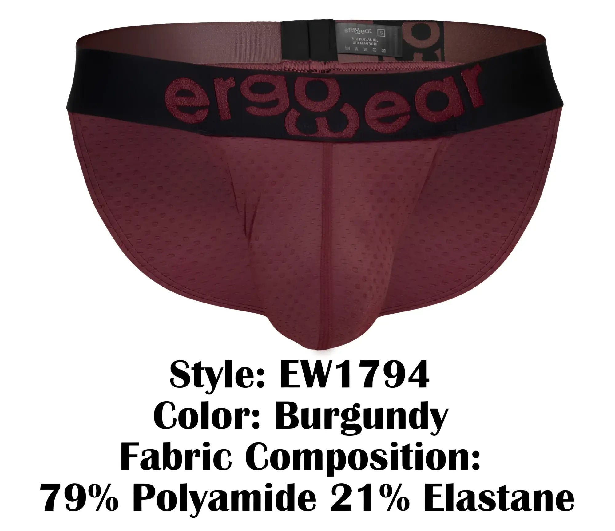 Ergowear ew1794 max flow burgundy ergonomic briefs with a black waistband featuring the ergo wear logo in burgundy lettering
