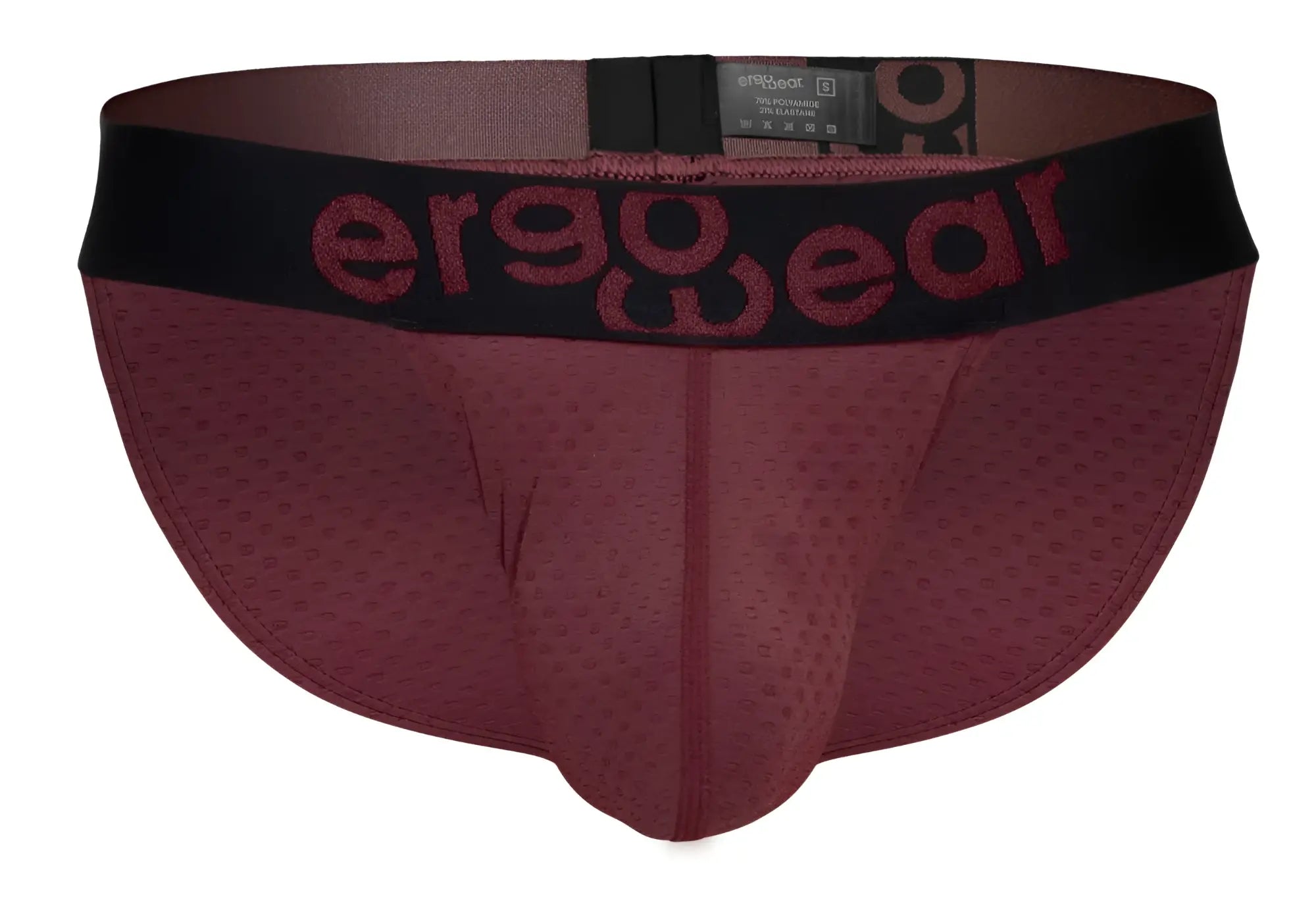 Ergo wear ew1794 max flow bikini briefs in burgundy with a black waistband and matching logo for ergonomic comfort