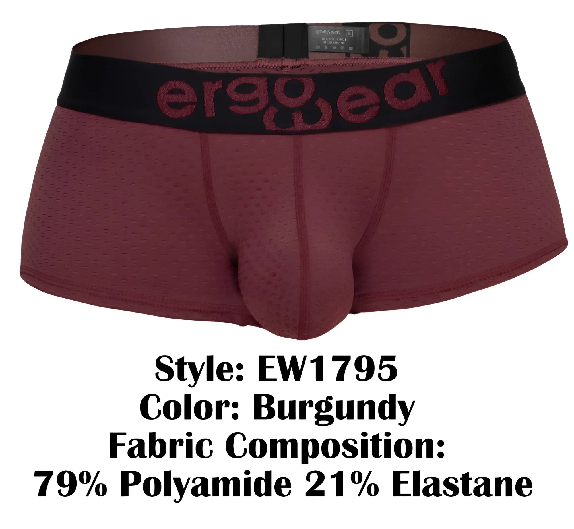 Burgundy ergo wear ew1795 max flow trunks with black waistband logo made of 79% polyamide 21% elastane