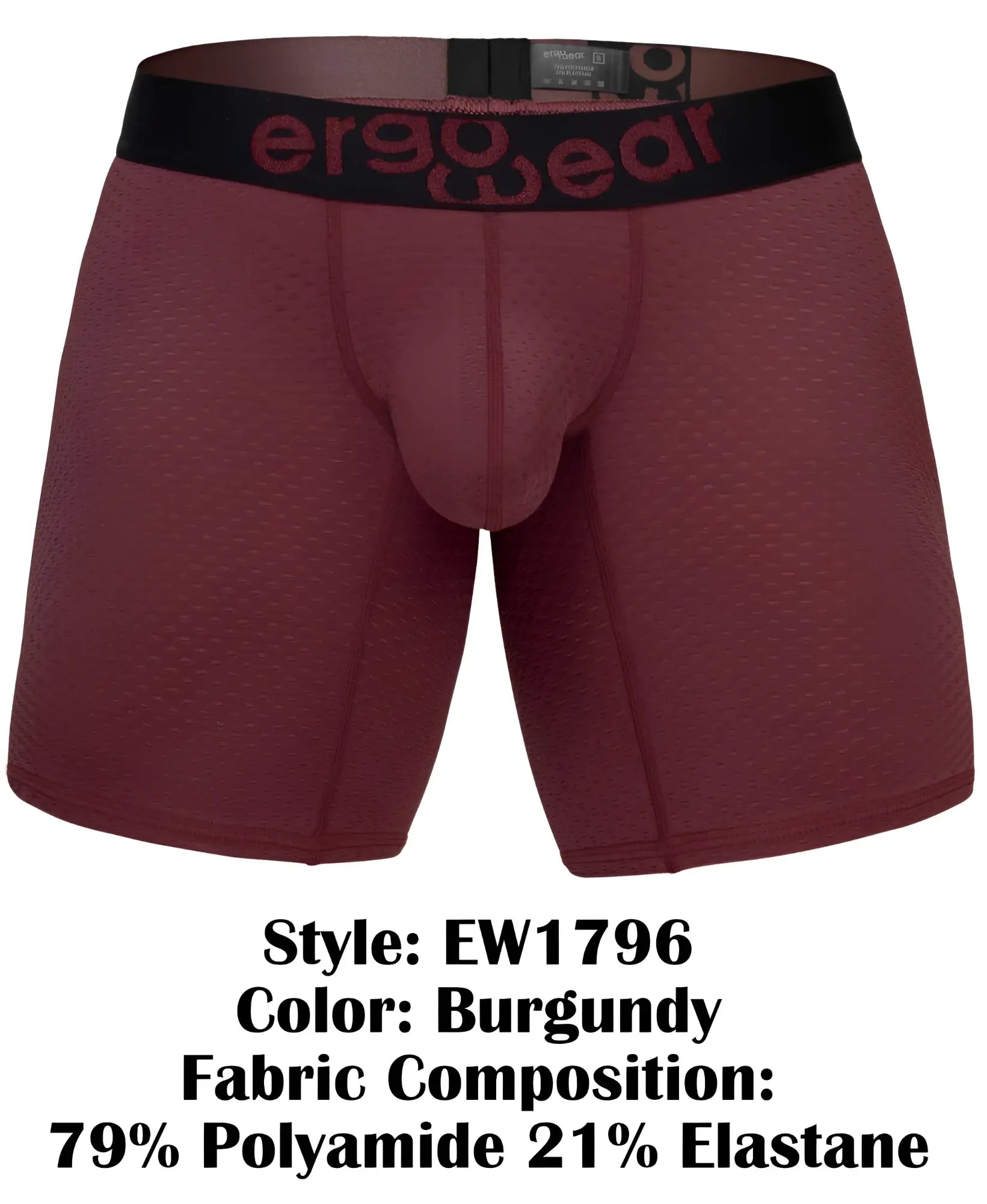 Burgundy ergo wear ew1796 max flow boxer briefs with black waistband made from 79 polyamide 21 elastane
