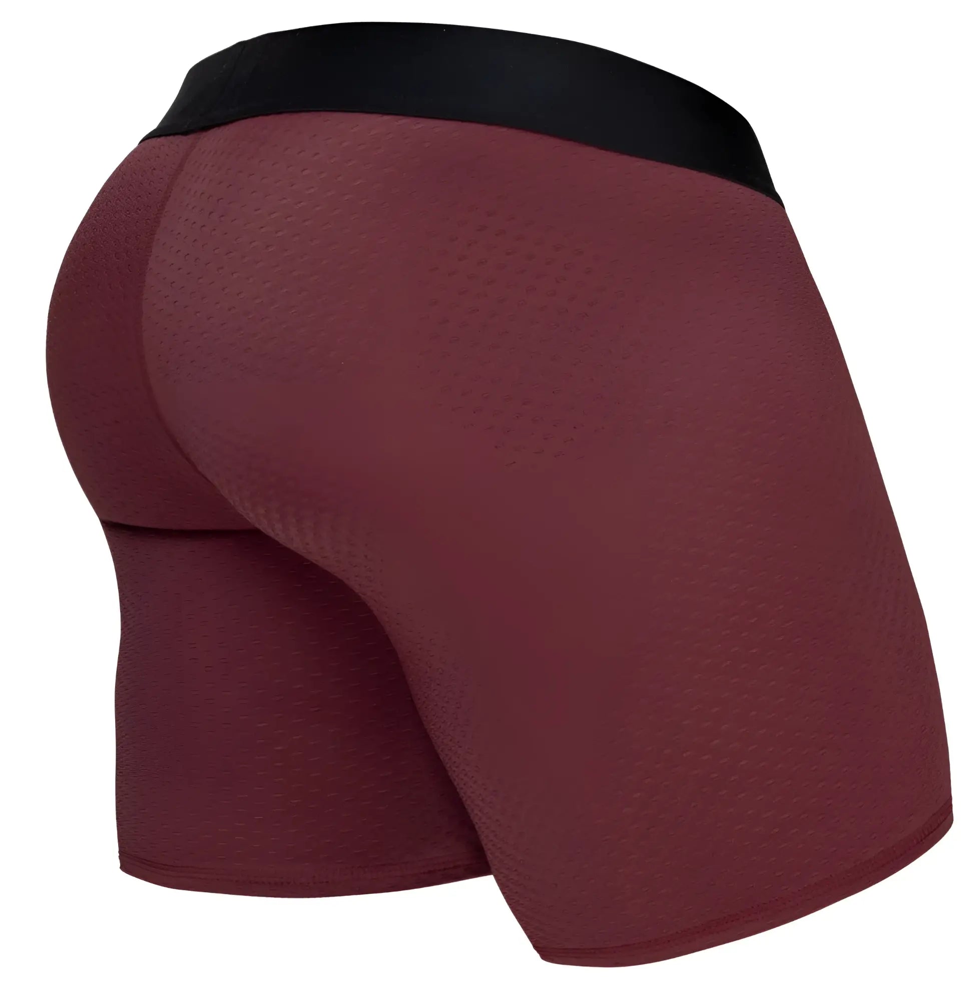 Ergowear ew1796 max flow boxer briefs in burgundy with black waistband and breathable textured mesh fabric front view