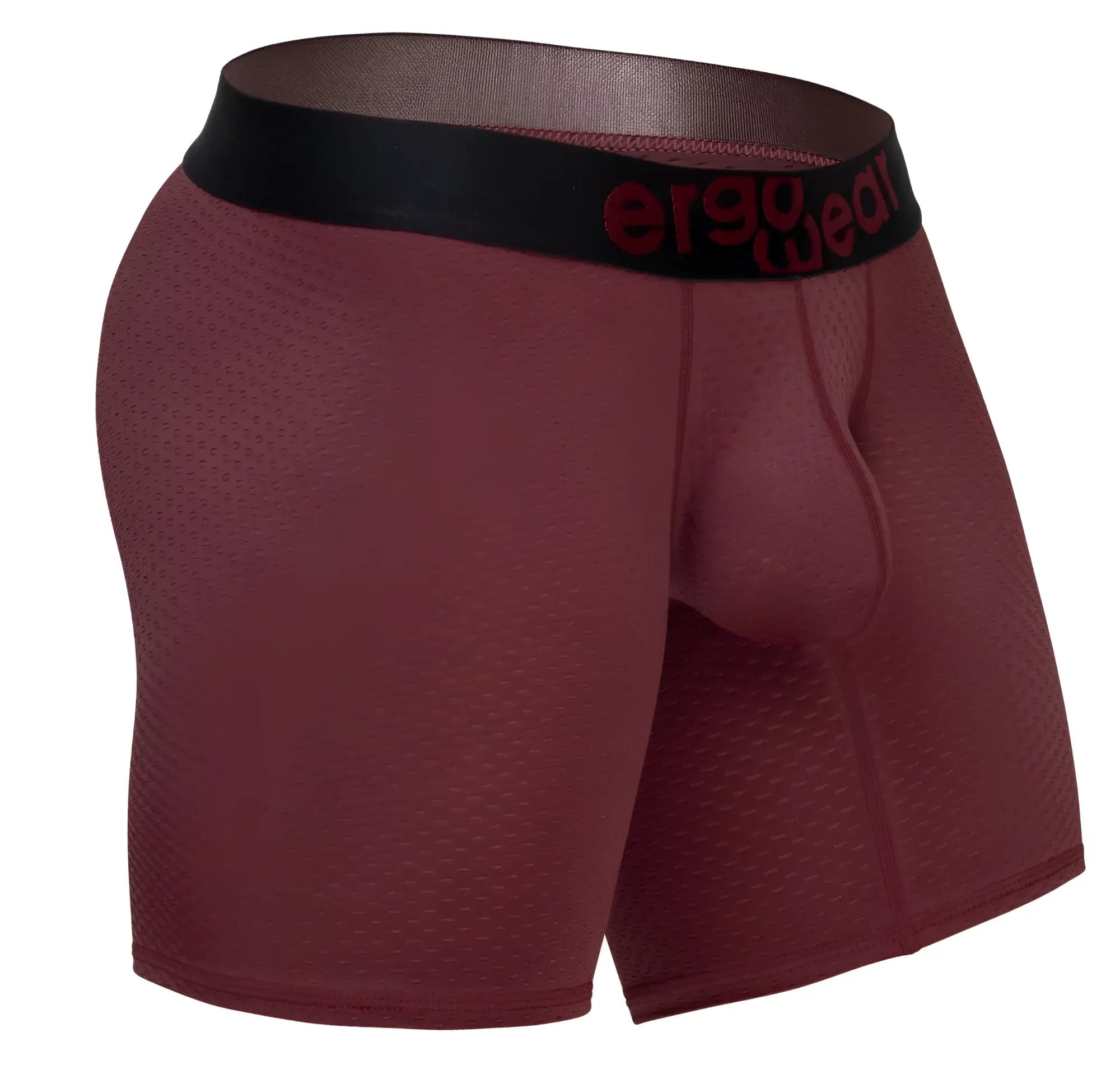 Maroon ergonomic boxer briefs with a black waistband and red ergo wear logo in the ergo wear ew1796 max flow series