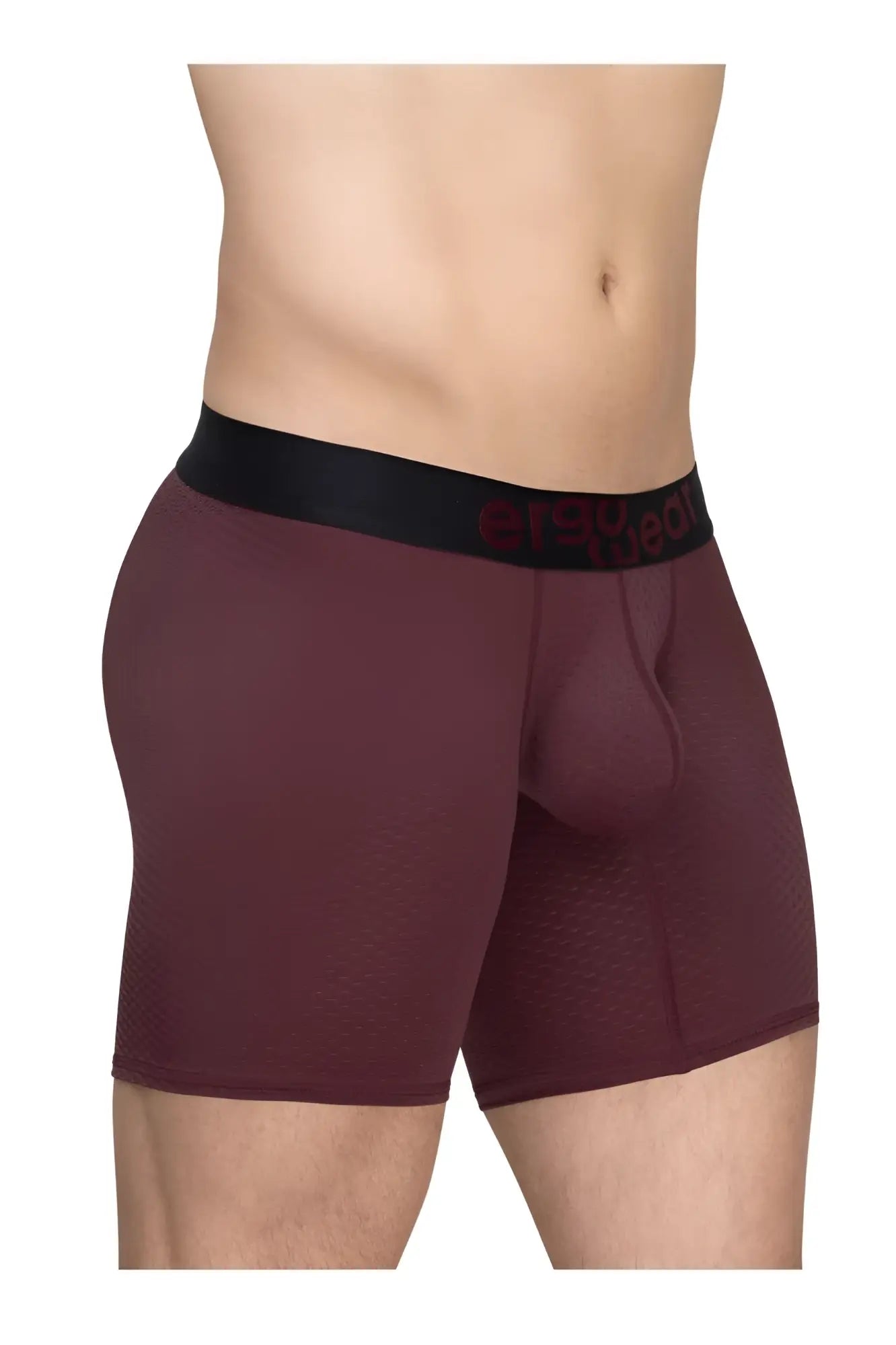 Maroon textured ergo wear ew1796 max flow boxer briefs with black waistband and red lettering front view