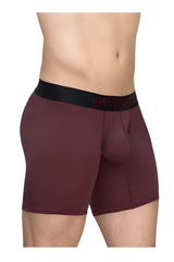 Maroon textured ergo wear ew1796 max flow boxer briefs with black waistband and red lettering front view