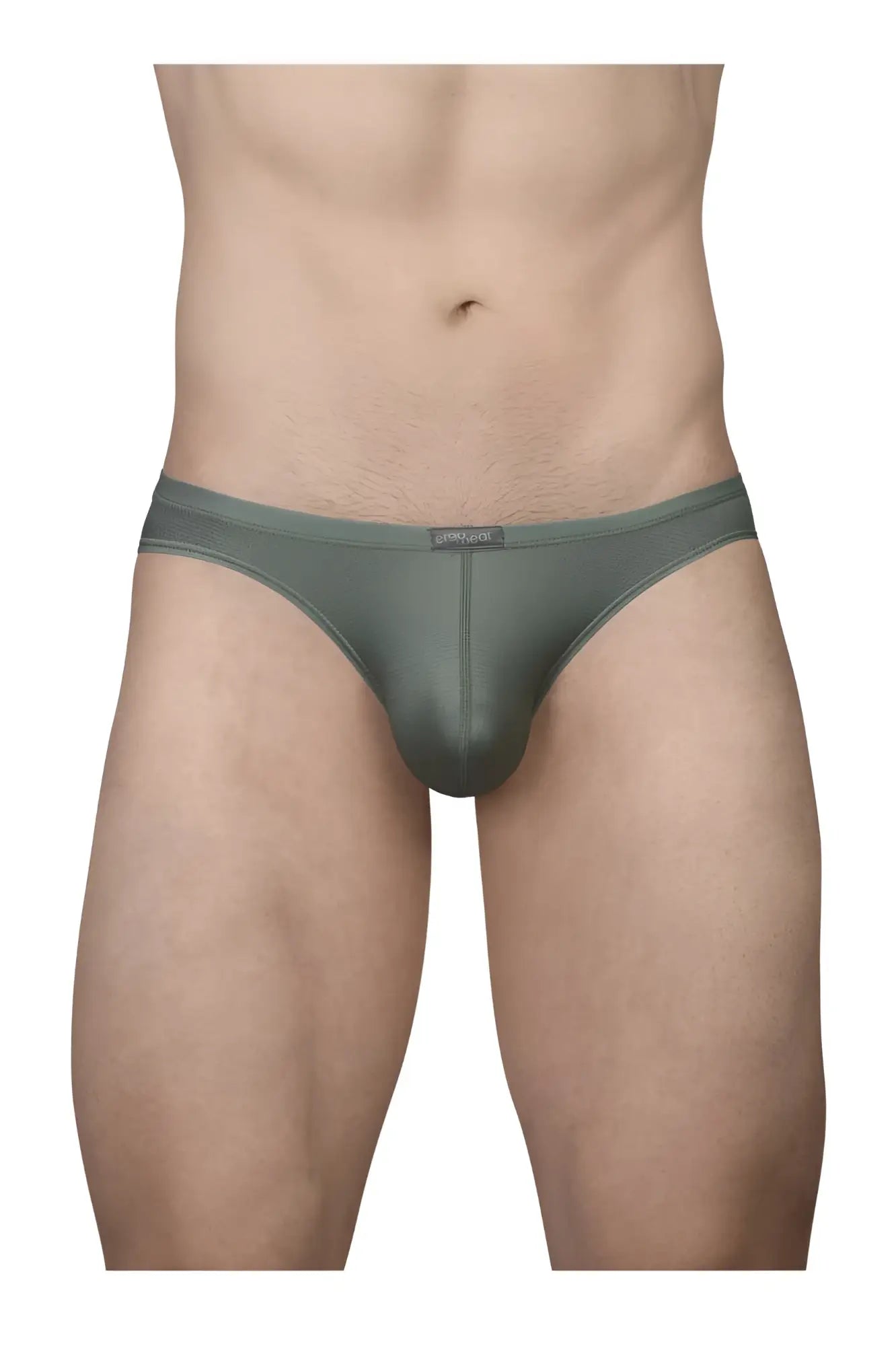 A sleek dark olive green men’s brief with smooth form-fitting design and subtle branding on the waistband by Ergowear