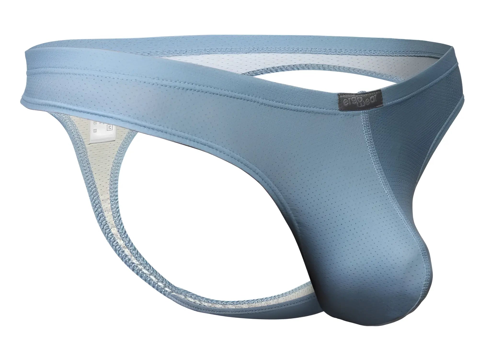 Light blue ergo wear ew1805 x4d se men’s thong made of breathable mesh with a supportive design and subtle branding