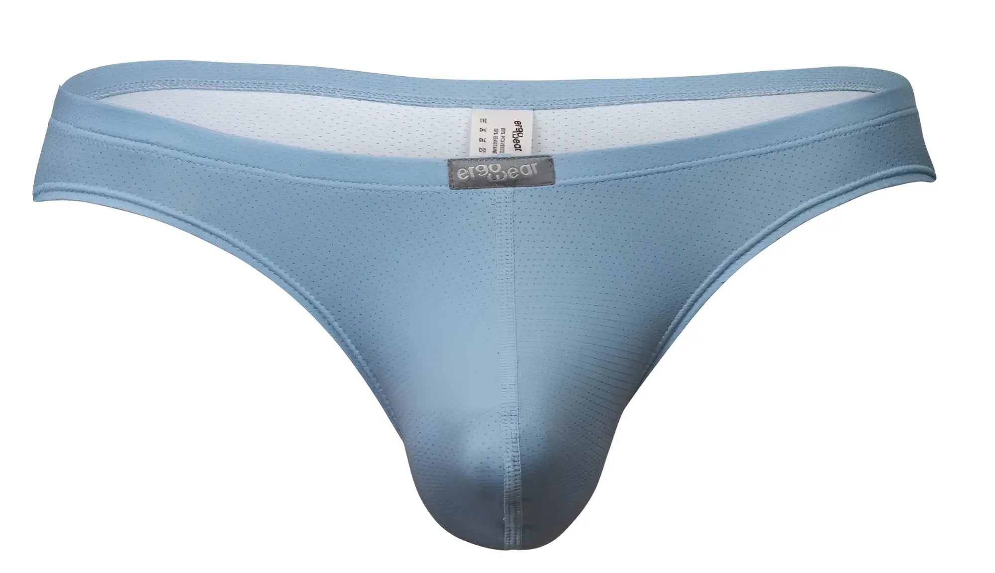 Light blue mesh briefs with gray brand tag on waistband from ergowear ew1805 x4d se thongs stone blue collection
