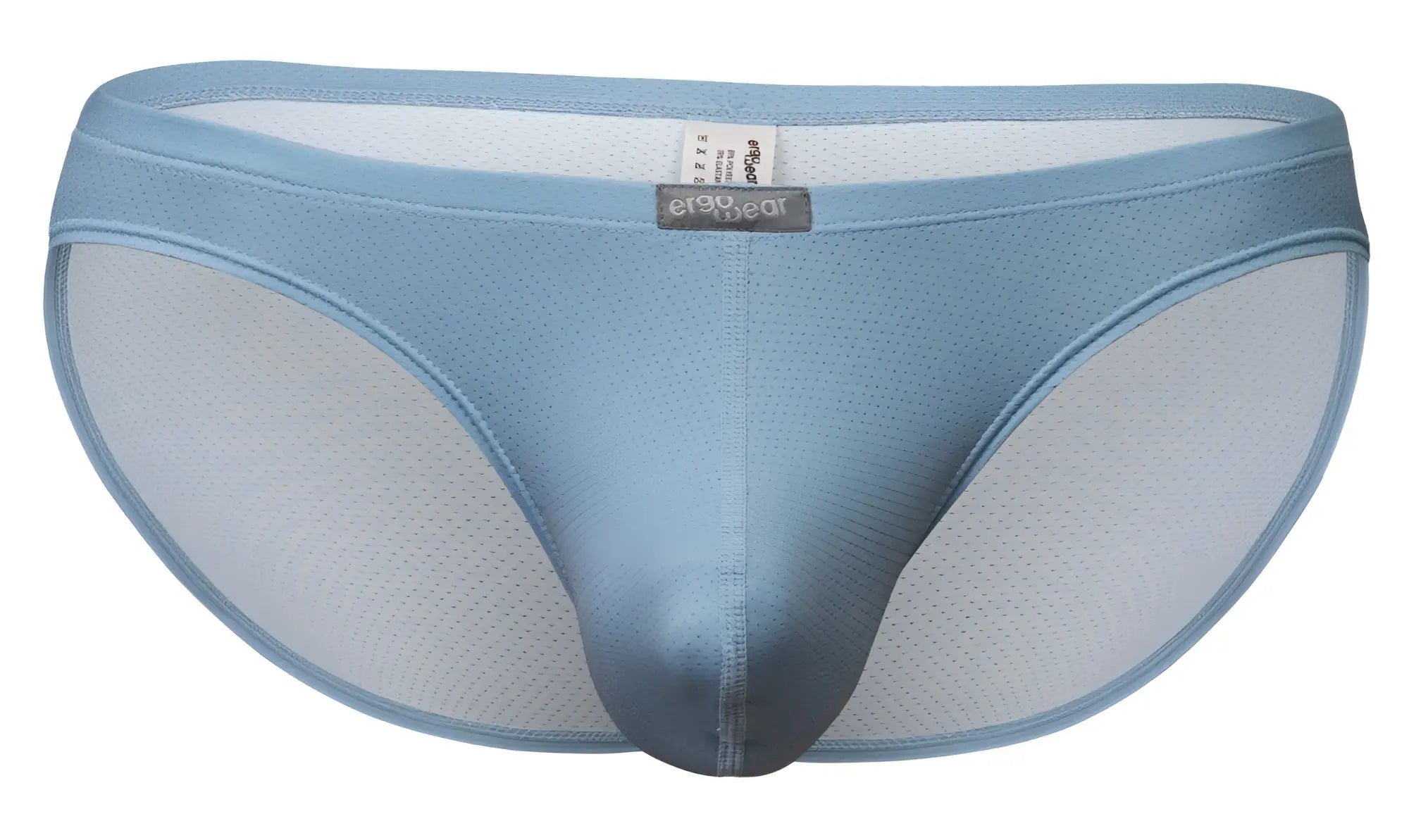 Light blue ErgoWear EW1806 X4D SE bikini briefs with satin front panel mesh sides and erogwear brand label