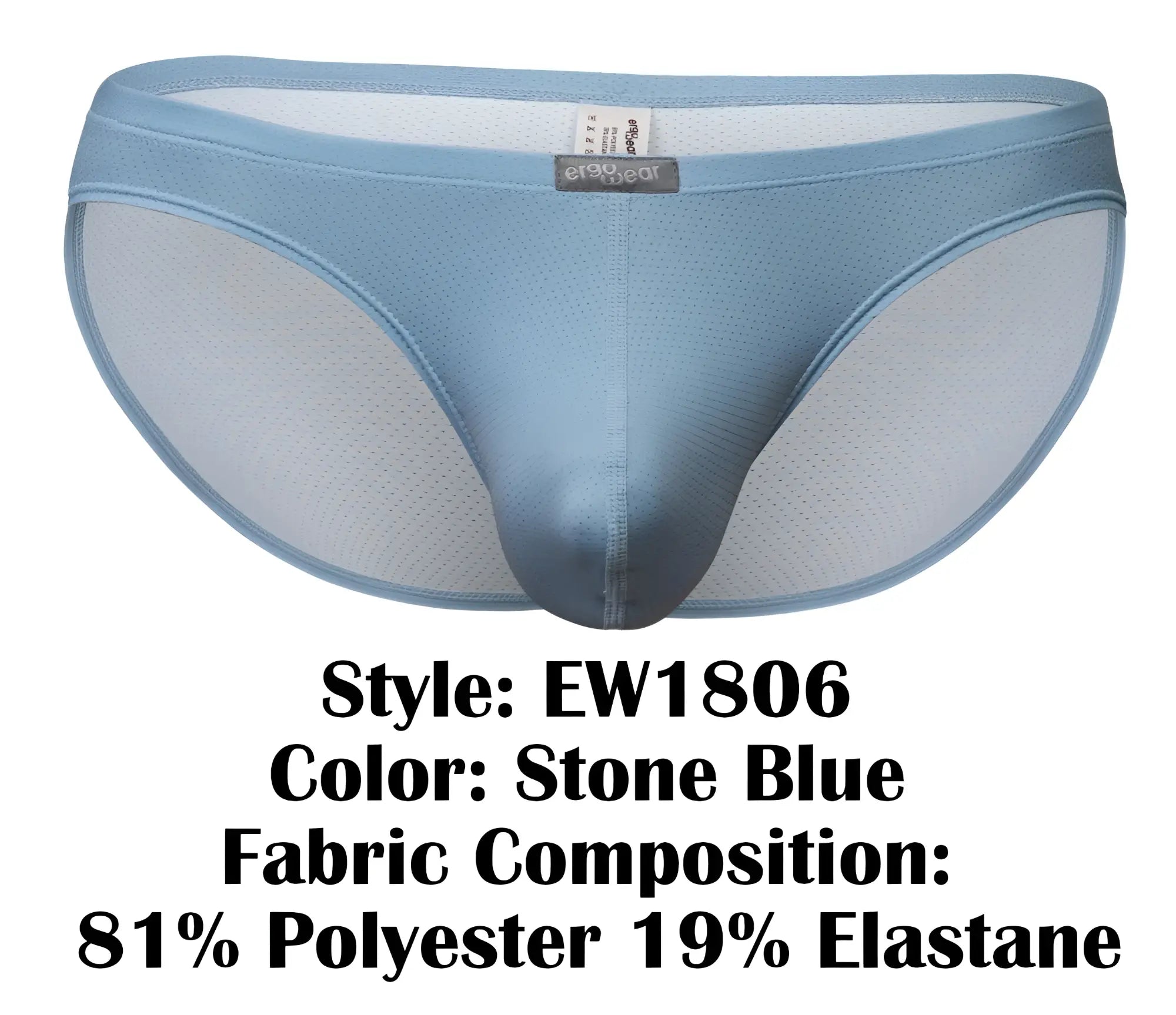 Stone blue ergo wear ew1806 x4d se bikini mens briefs with mesh panel and elastic waistband made of polyester elastane