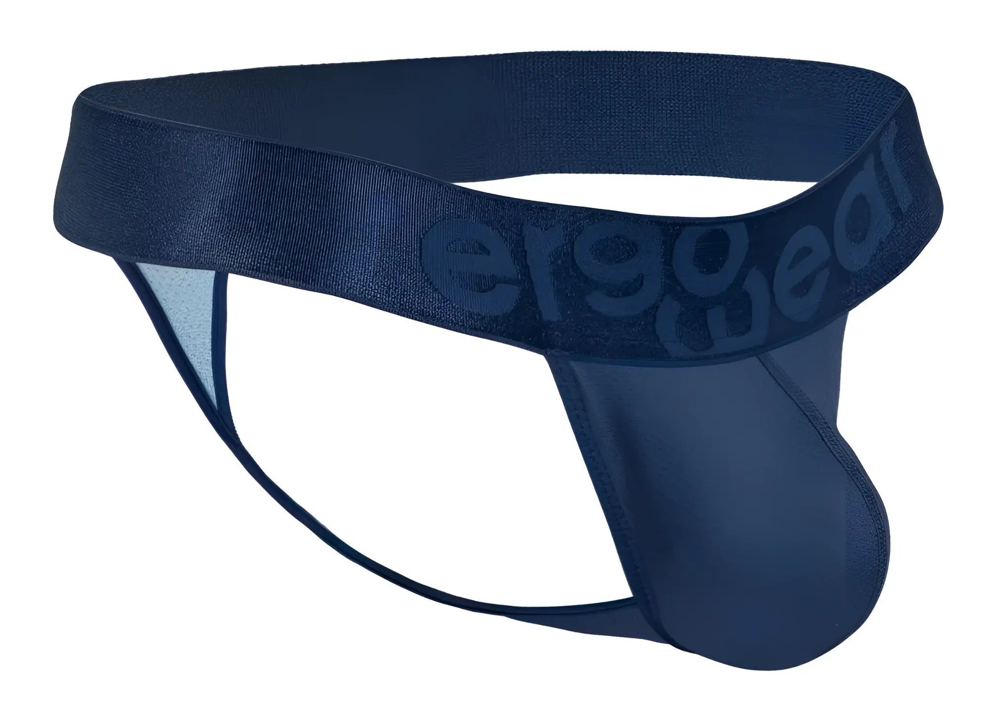 Navy blue ergonomic brief with smooth stretchy fabric and subtle embossed branding on the waistband back side