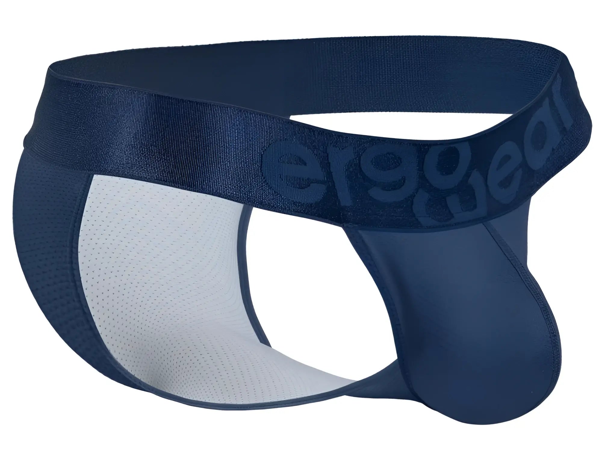 Navy blue ergonomic bikini brief with white mesh lining and ergo gear logo on waistband for comfortable wear