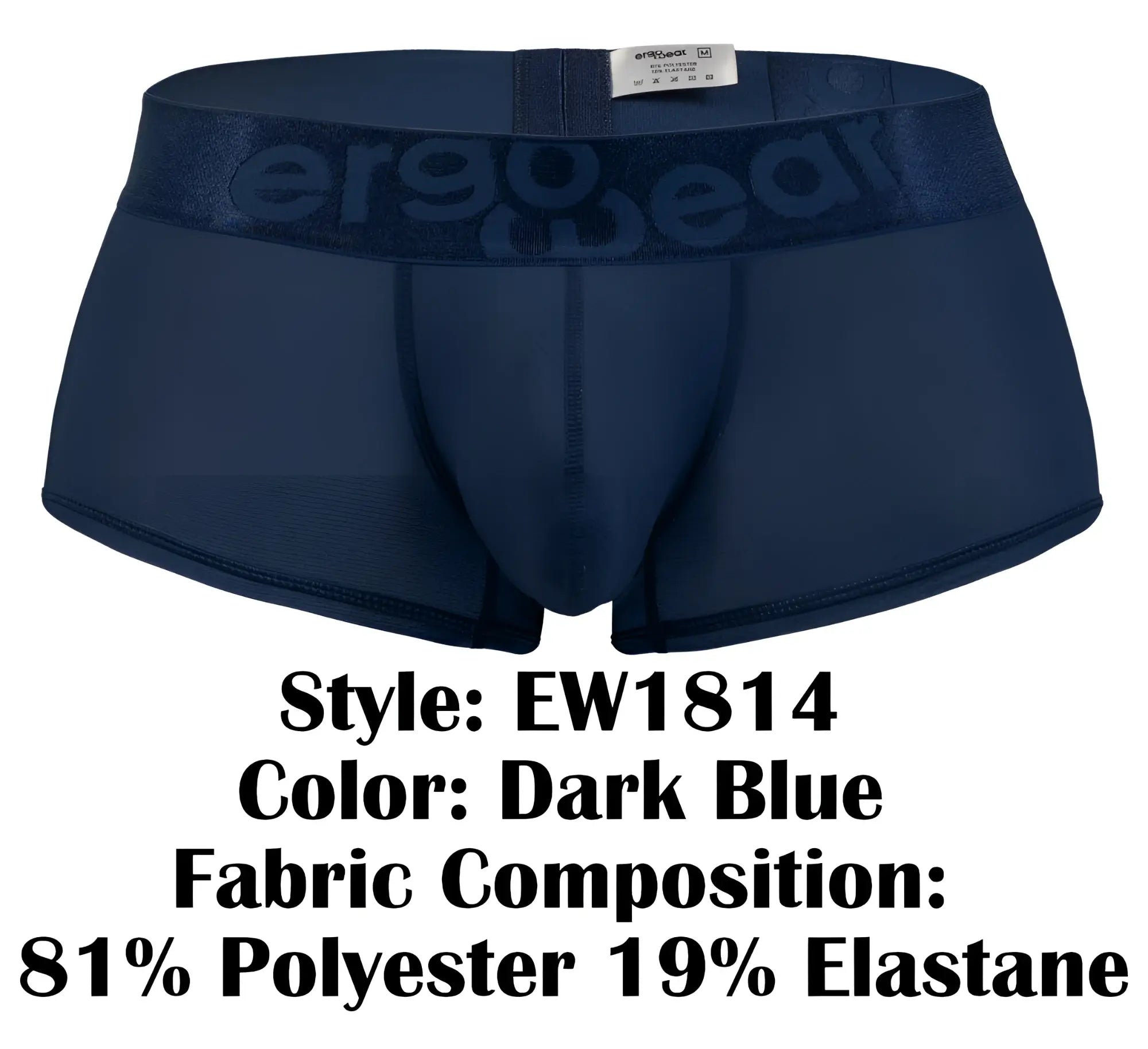 Dark blue ergonomic briefs with stretchy waistband featuring subtly embossed ergo wear logo for comfortable fit