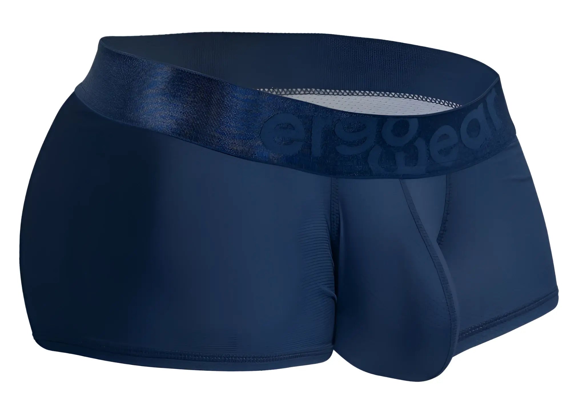 Navy blue ergo wear ew1814 max bold se trunks featuring satin waistband with subtle er90wear logo embossing