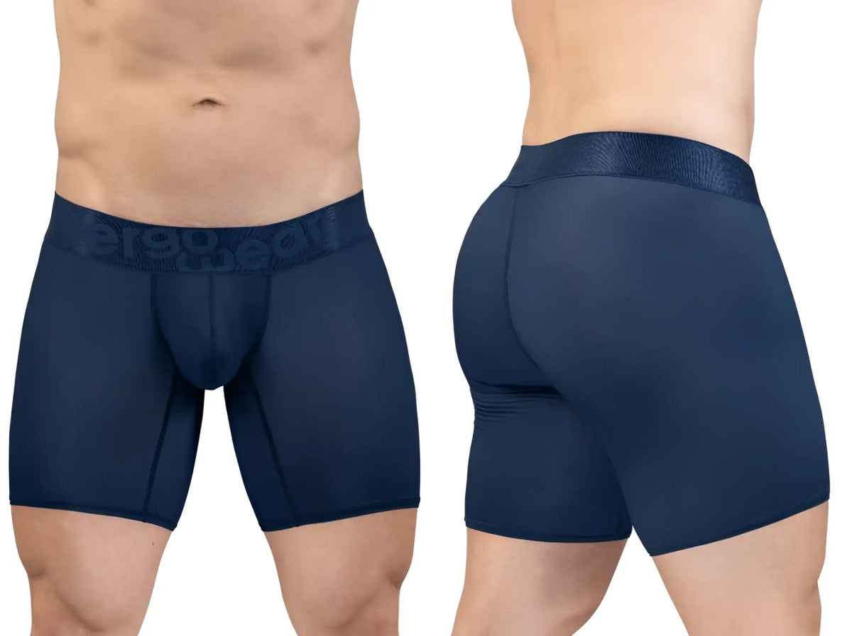 Navy blue ergo gear men’s boxer briefs with textured waistband featuring ergonomic support and breathable fabric