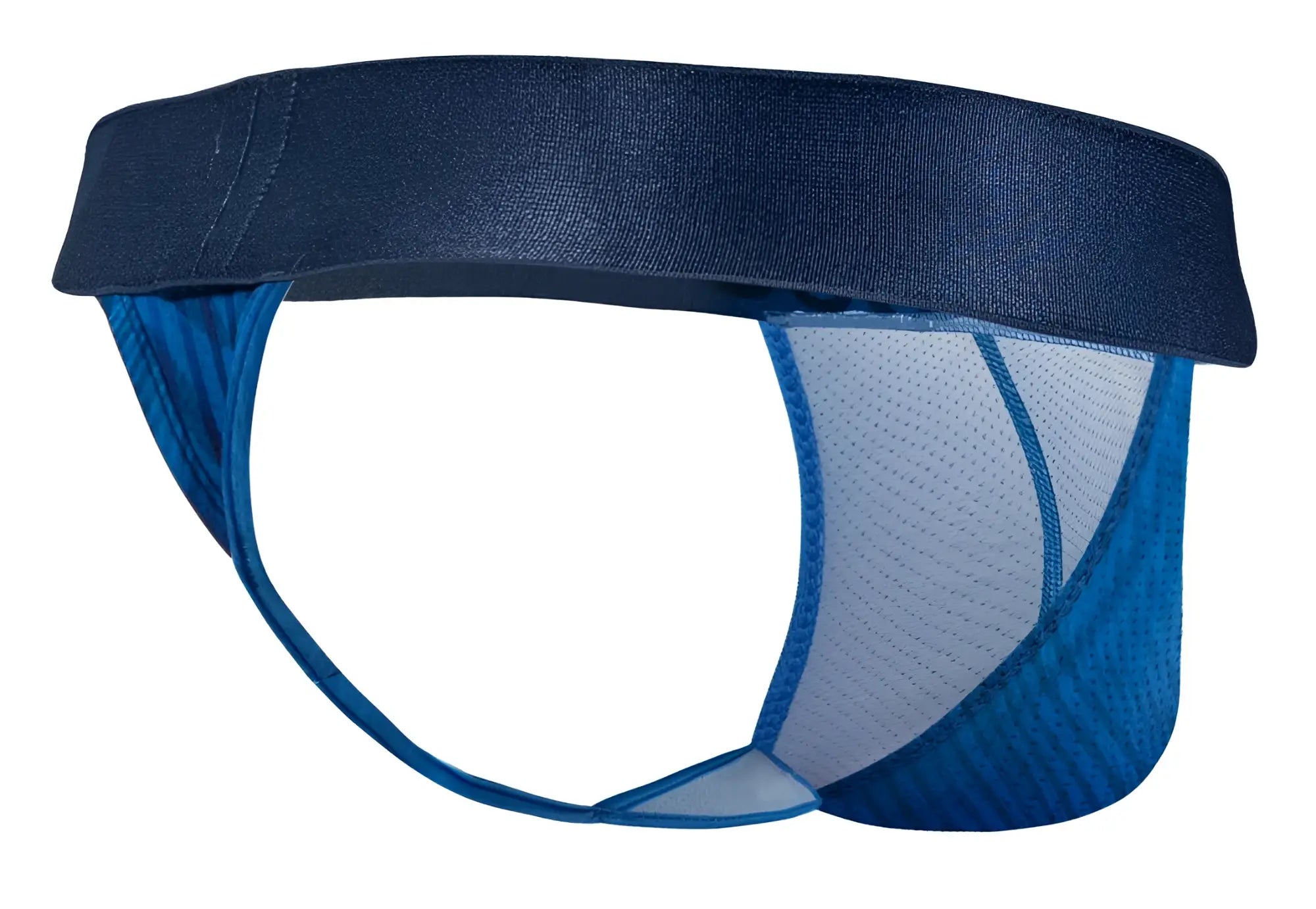Blue ergo wear ew1816 max bold se g-string with denim-like waistband and mesh panels in mid blue color