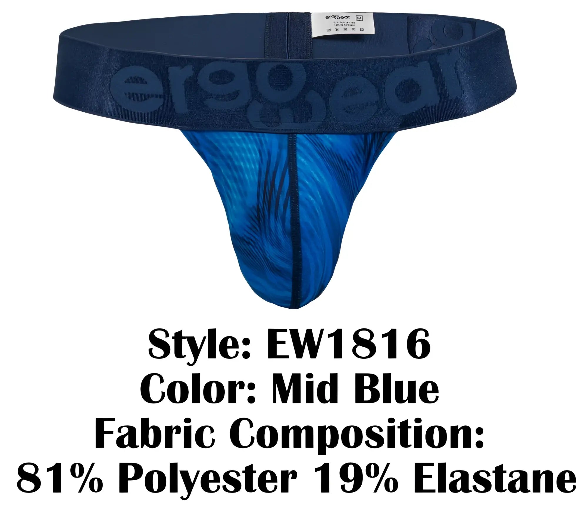 Mid blue ergonomic thong g-string with subtle feather pattern and branded waistband from ergogear model ew1816 max bold se