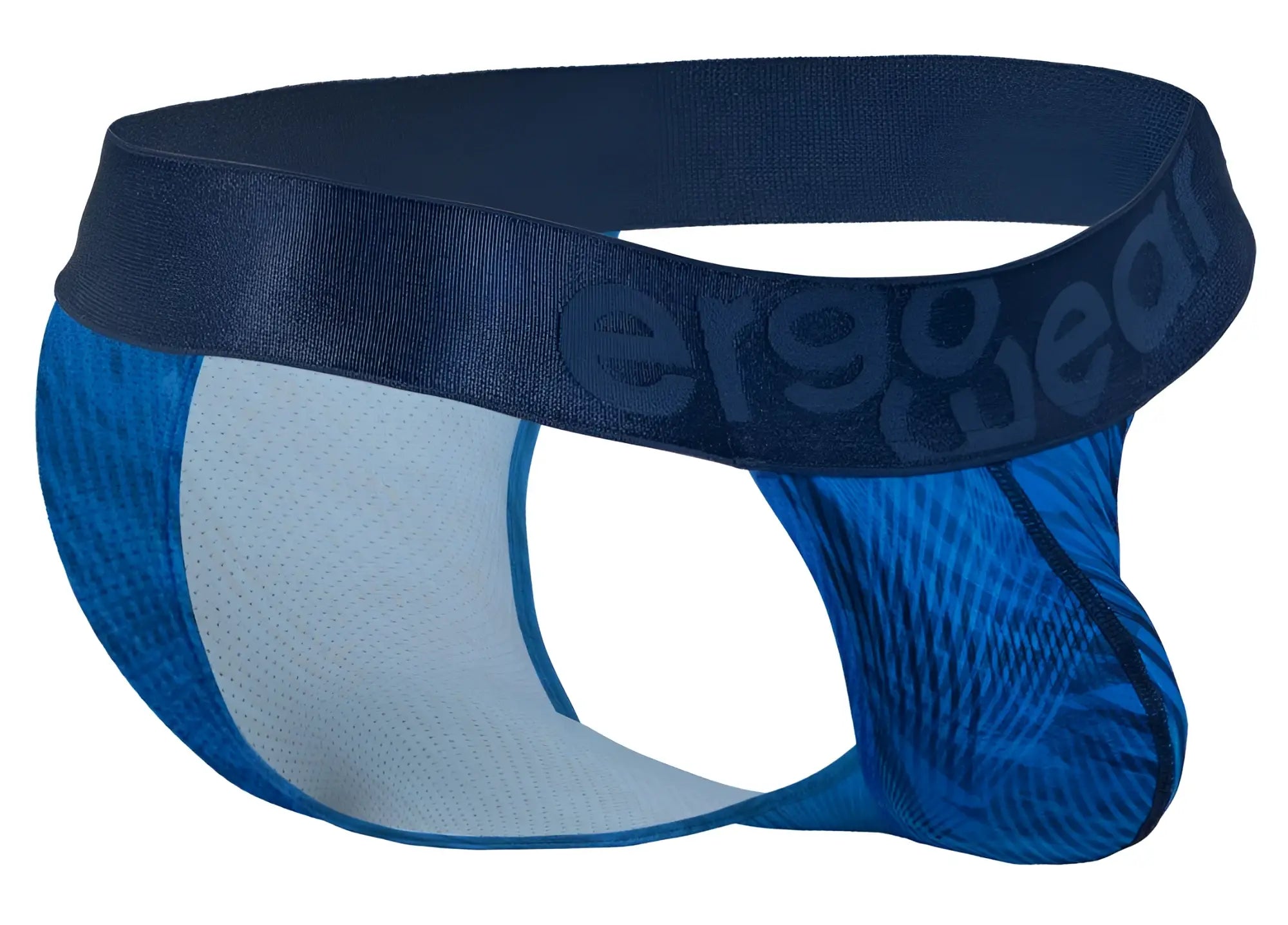 Blue and light blue patterned ergoWear ew1817 max bold se bikini briefs with dark navy logo waistband in mid blue