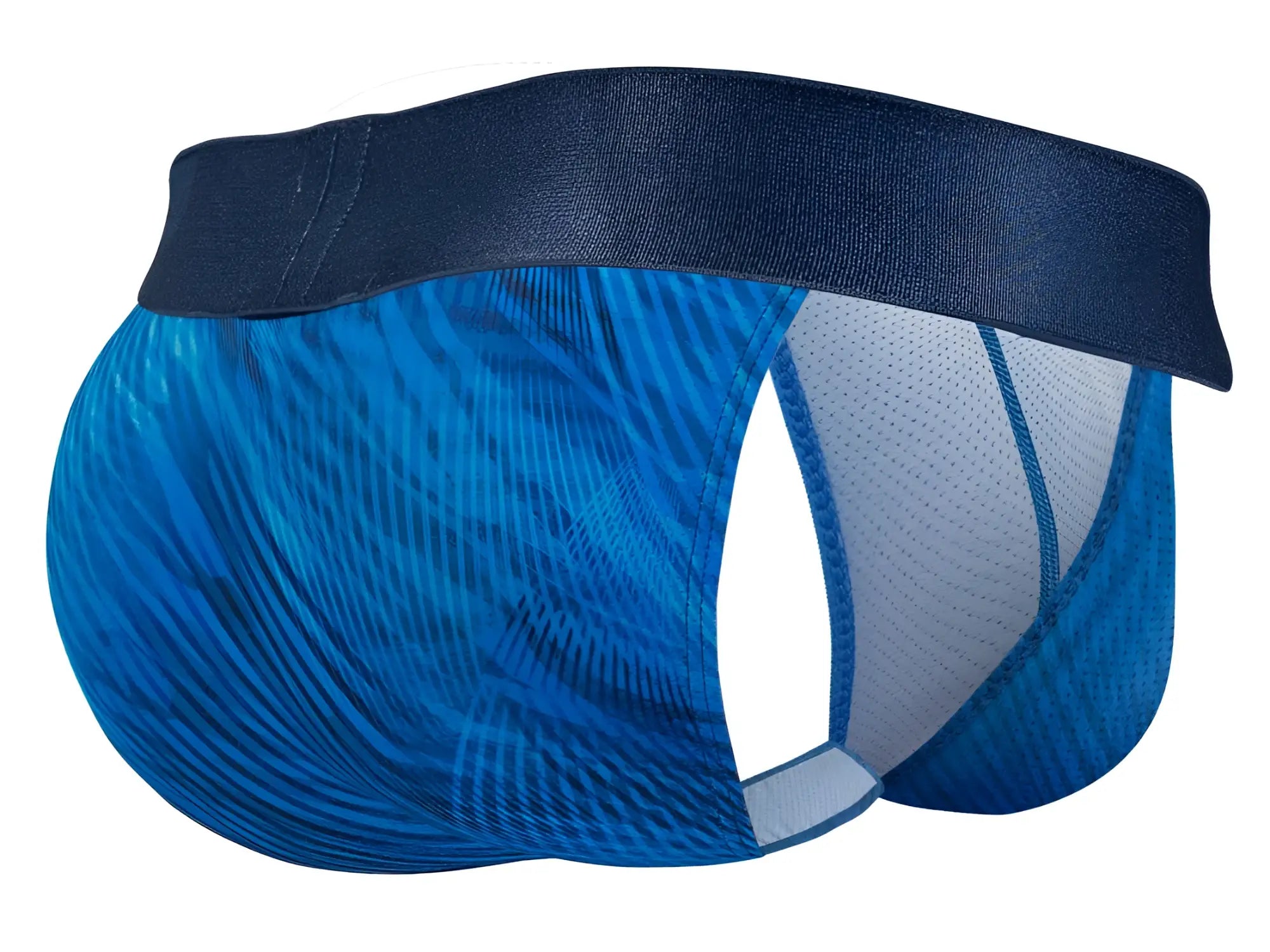 Blue patterned ergo wear ew1817 max bold se bikini briefs with dark blue elastic waistband and mesh lining