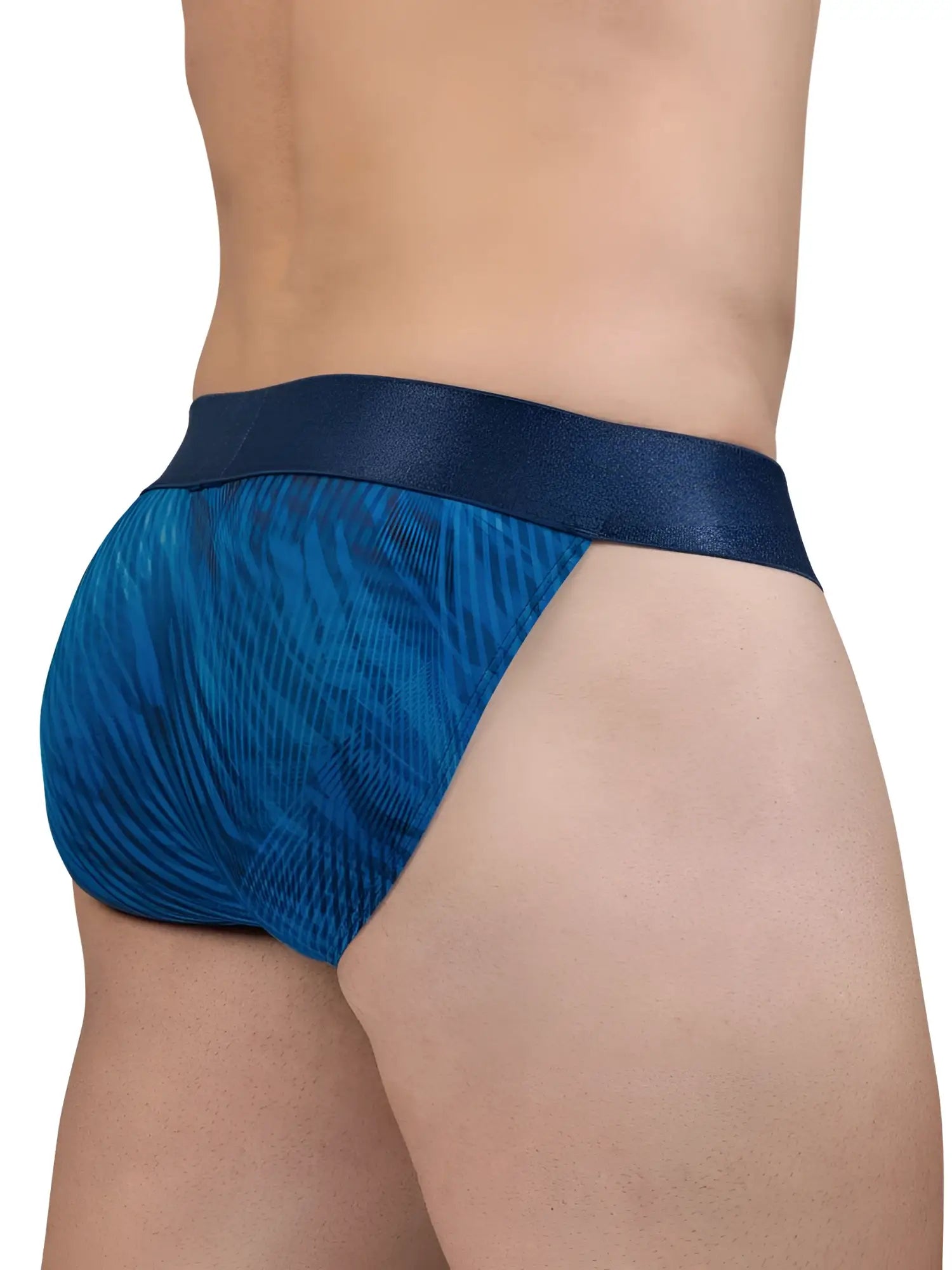 Blue patterned briefs with dark blue satin waistband in ergoWear EW1817 MAX BOLD SE bikini mid blue color