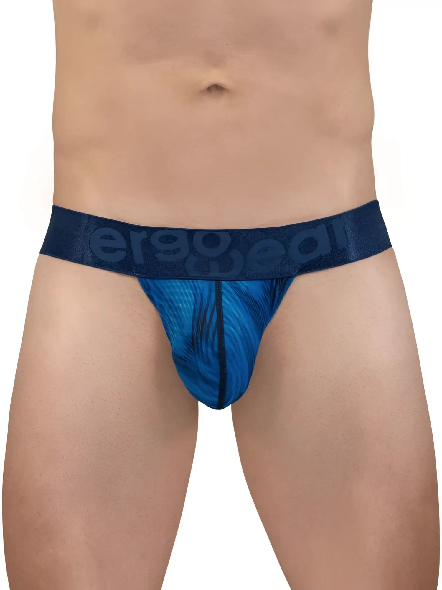 Blue patterned men’s briefs with dark blue ergo gear waistband in mid blue color from ergowear ew1817 max bold se bikini collection