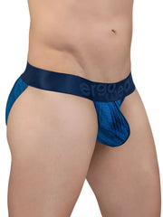 Blue patterned men’s briefs with satin-like waistband branded ergo wear in mid blue from ergo wear ew1817 max bold se bikini collection